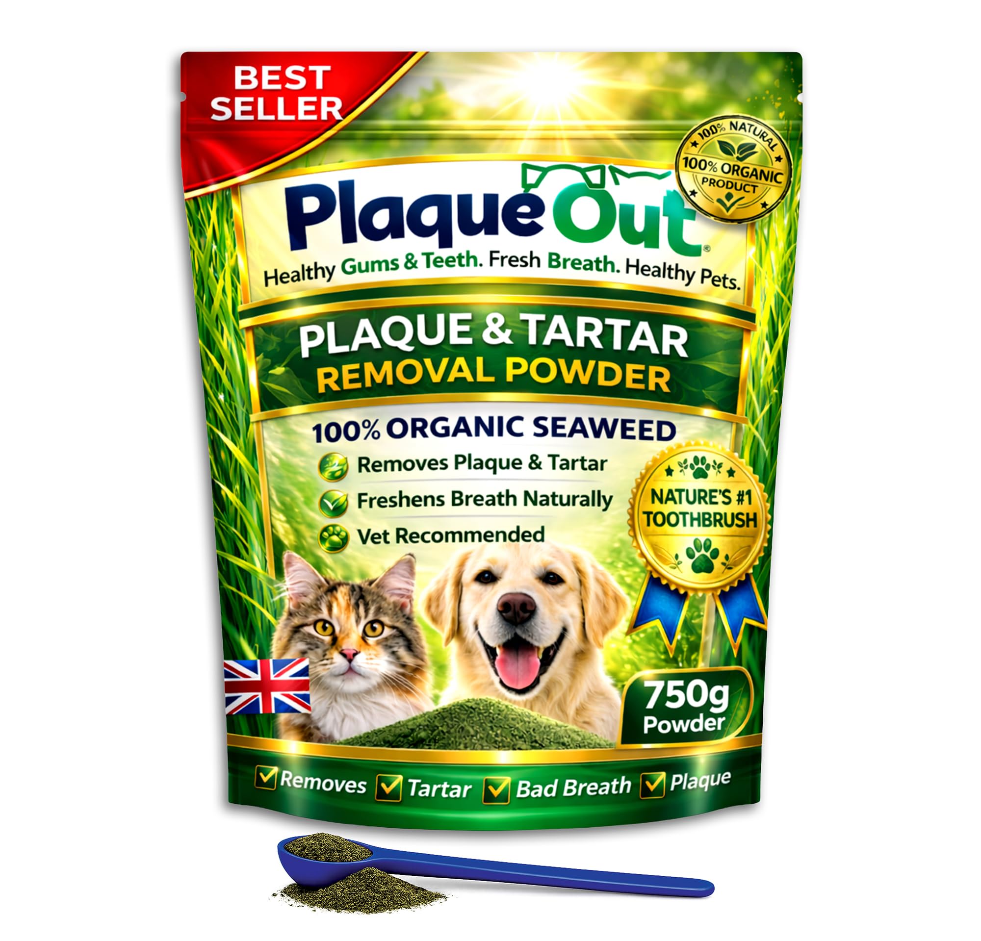 PLAQUE OUT Extractor de placa de sarro en bolsa, 100 % natural y orgánico, cuidado de las encías de los dientes del mal aliento para perros y gatos (750 g)