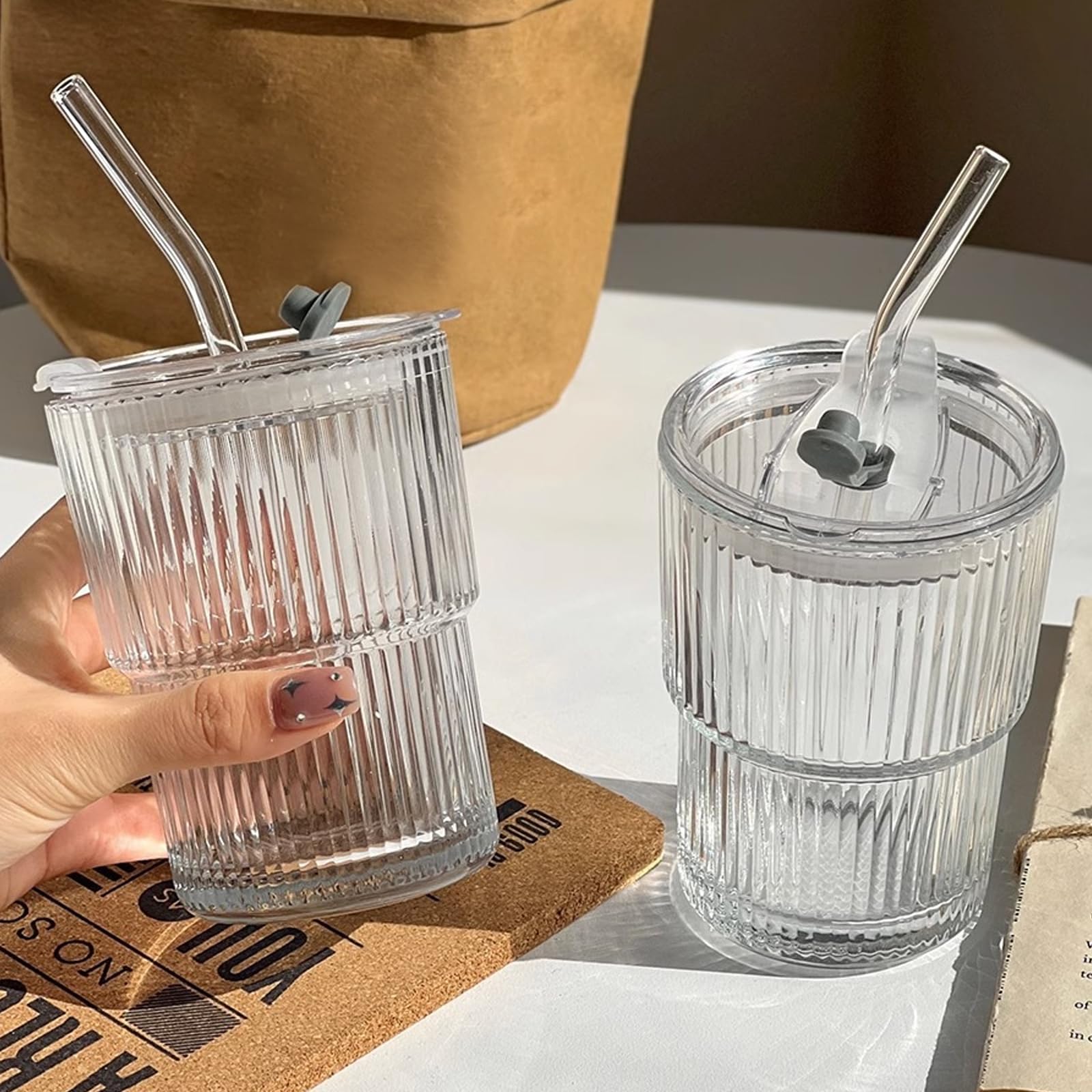 Szklanki do picia z pokrywką i słomką, zestaw 6 szklanek do picia, 400 ml, szklanki do herbaty, smoothie, kubki do kawy, kubki szklane, kubki do kawy mrożonej, szklanki do picia ze słomką do soku,