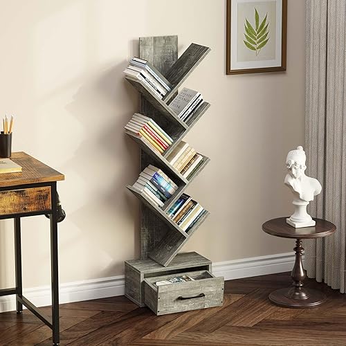 Miniatura 2 de Rolanstar Estantería con cajón de madera, estantería de árbol de 7 estantes, almacenamiento moderno para libros, estantería de árbol de pie,