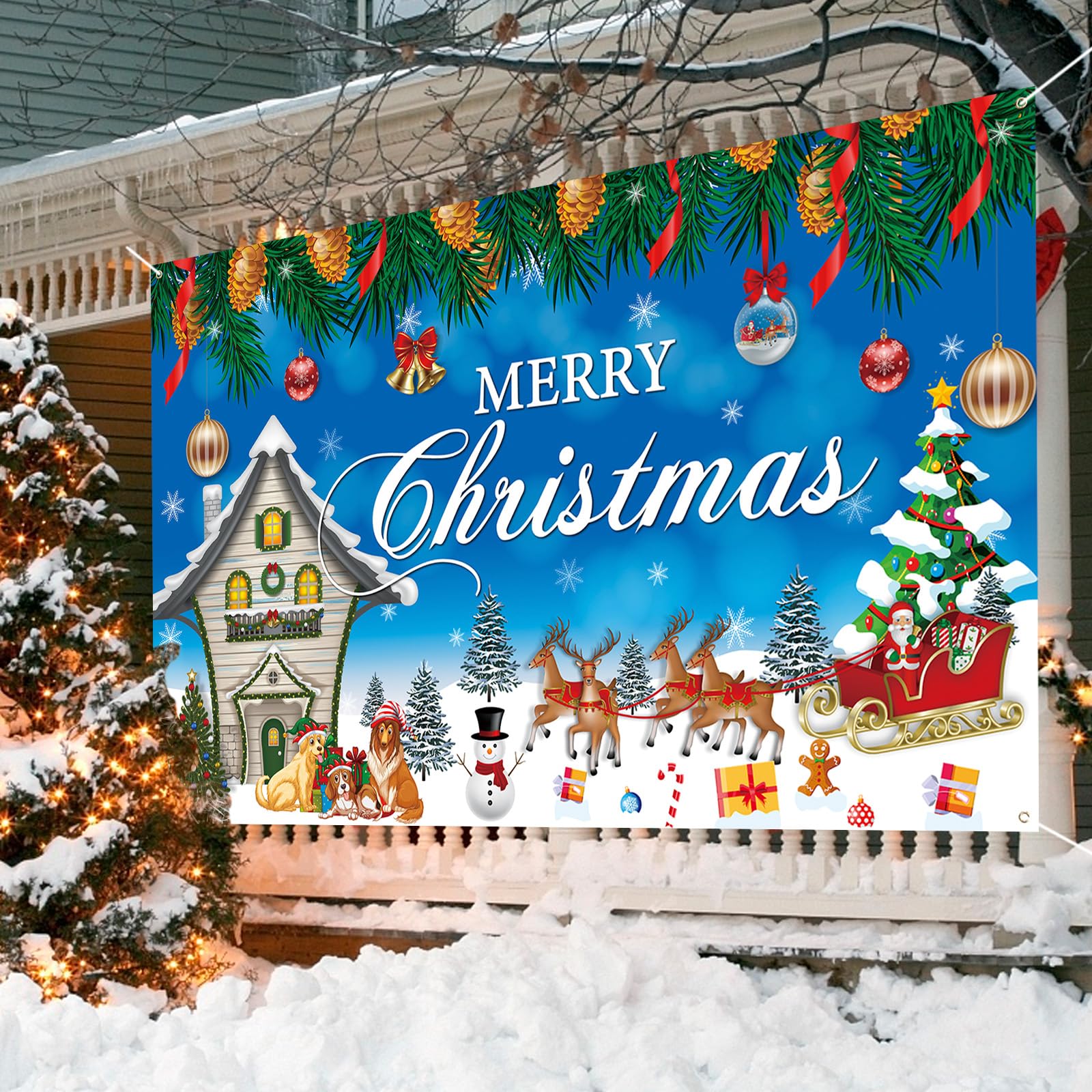Kerstbanner Vrolijk Kerstfeest Achtergrond Banner Blauw Merry Christmas Banner Outdoor Extra Groot Welcome Veranda Bord Muur Hangende Banner voor Kerstmis Xmas Nieuwjaar Party Decoratie, 185 x 110 cm