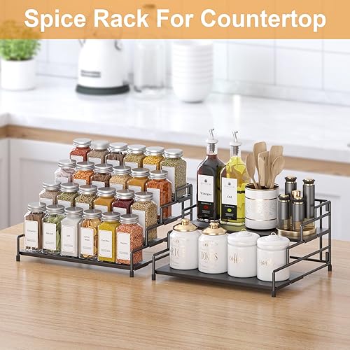 Miniatura 6 de Organizador de especias de 4 niveles para gabinete, profundidad ajustable para armario de despensa, organizador de condimentos de metal, estante