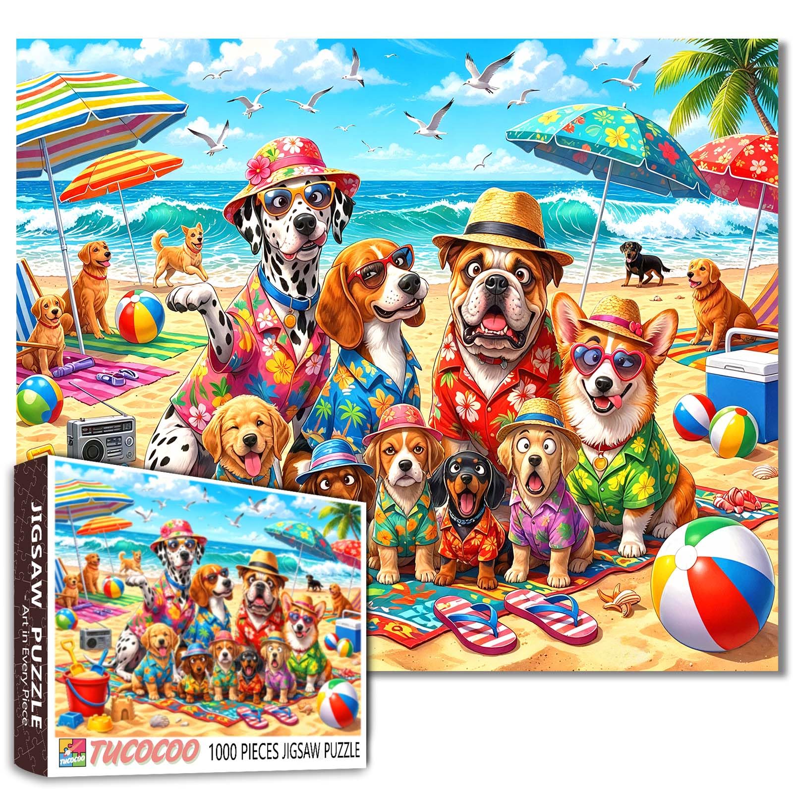 1000 Piece Jigsaw Puzzles for Adults Funny dogs Painting Jigsaw Puzzle Family dogs scene 1000 Pieces Puzzles Game Dog beach party Decor DIY Craft Bedroom Decor Animal Puzzle Art 19.7''x27.6''inch — image 1