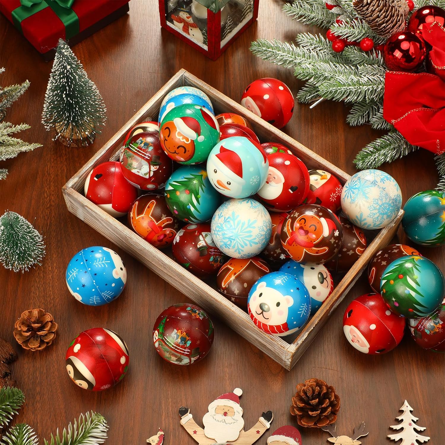 60 Pcs Christmas Stress Balls Bulk 2.5‘' Christmas Stocking Stuffers 9 Styles PU Foam Stress Balls Xmas Party Favors Small Gifts for Women Slow Rising Ball Anxiety Relief Kit Party Supply