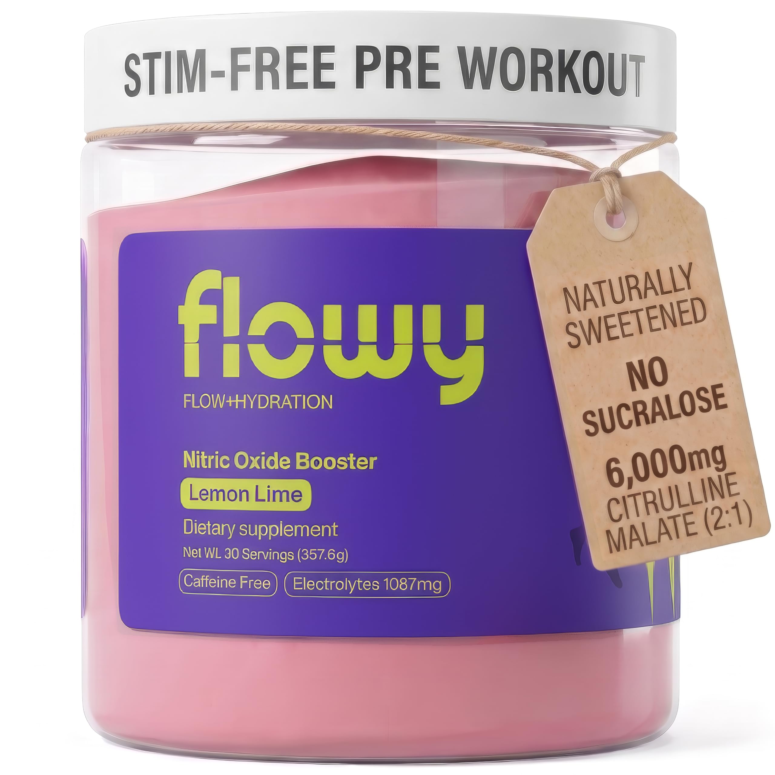 flowy Pré-treino sem cafeína com L-citrulina malato 6.000 mg e eletrólitos, 30 porções
