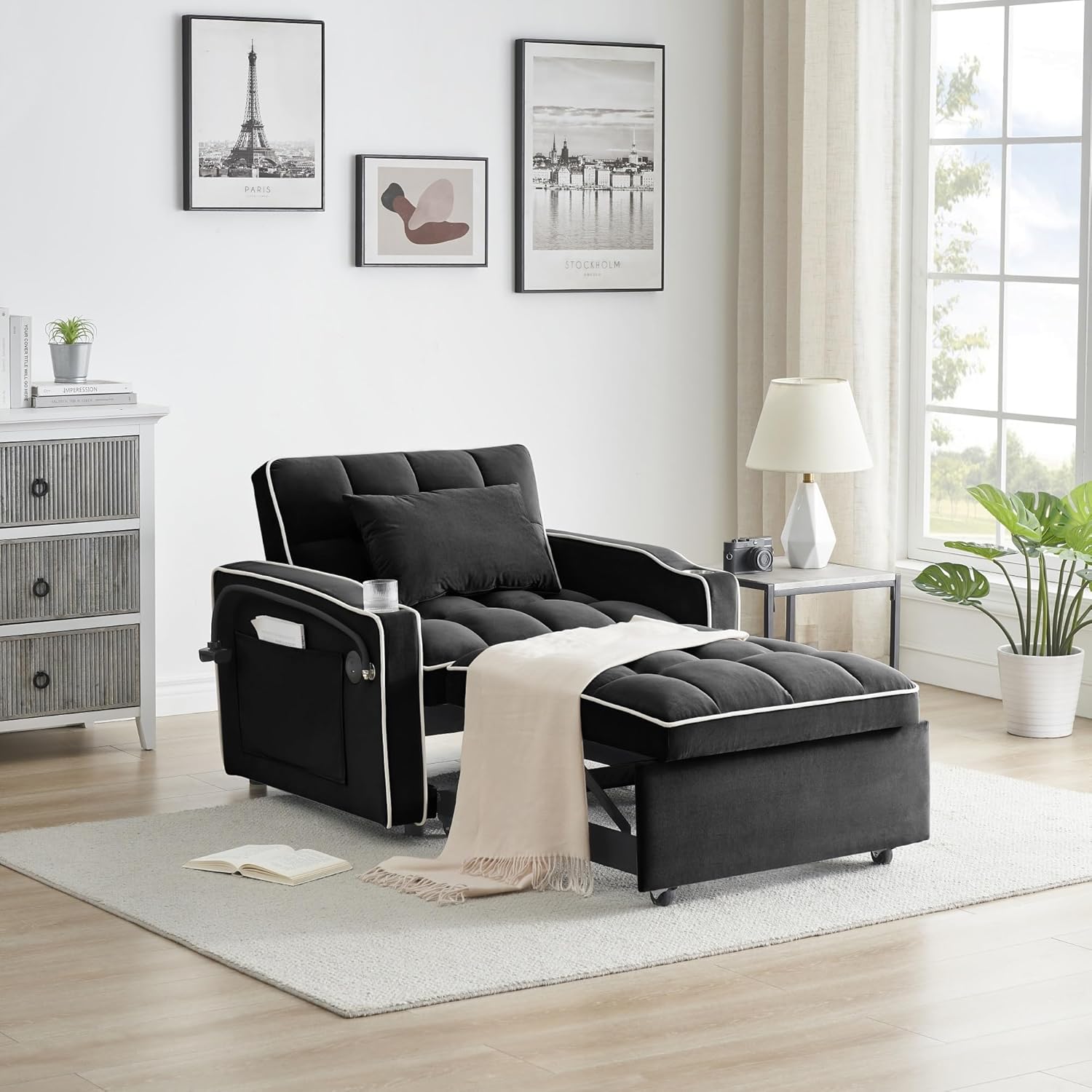 1 Versatile Foldable Sofa Bed in 3 Lengths – Modern Velvet Pull-Out Bed with Adjustable Back, Built-in USB Port, Ashtray & Swivel Phone Stand(Black)