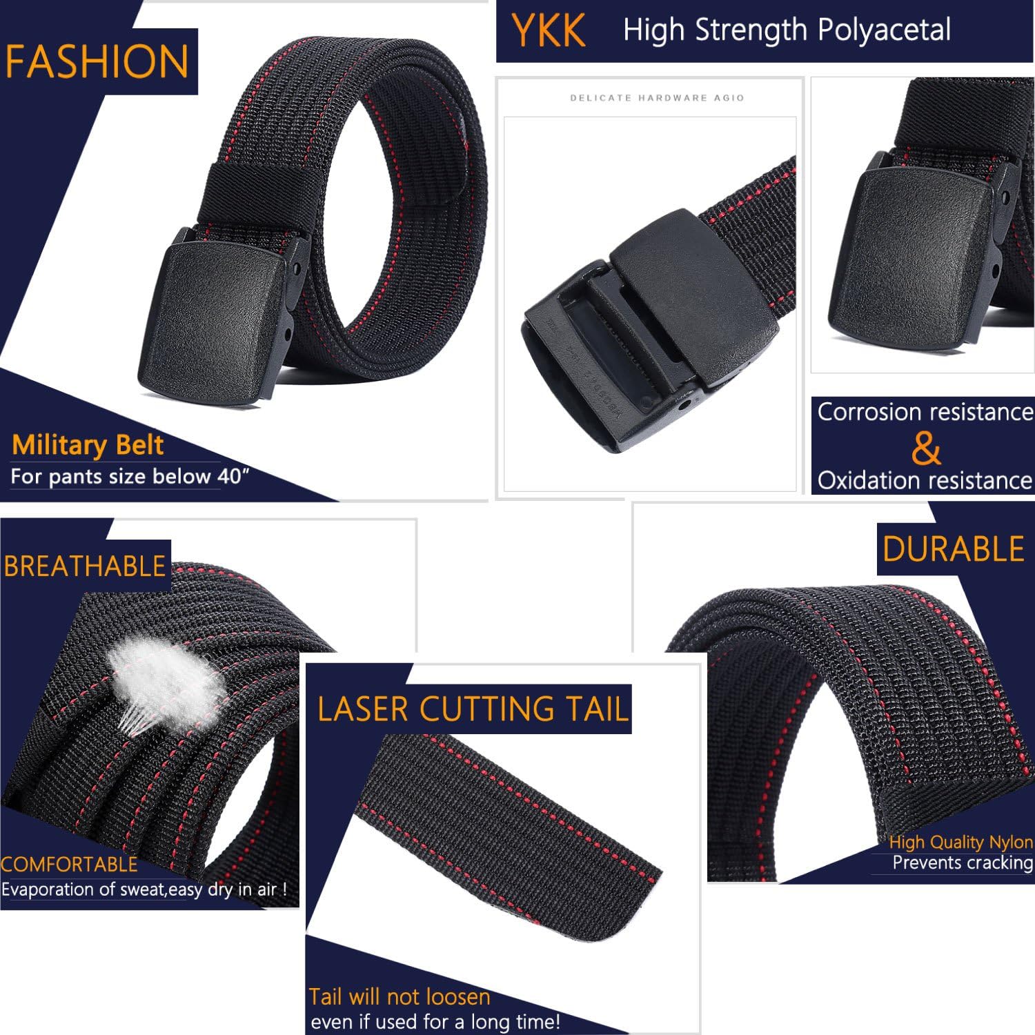 LionVII Men's Nylon Work Belts - Breathable Webbing Canvas Belt with Plastic Buckle, Adjustable Trim to Fit 28-49" Waist - Image 4