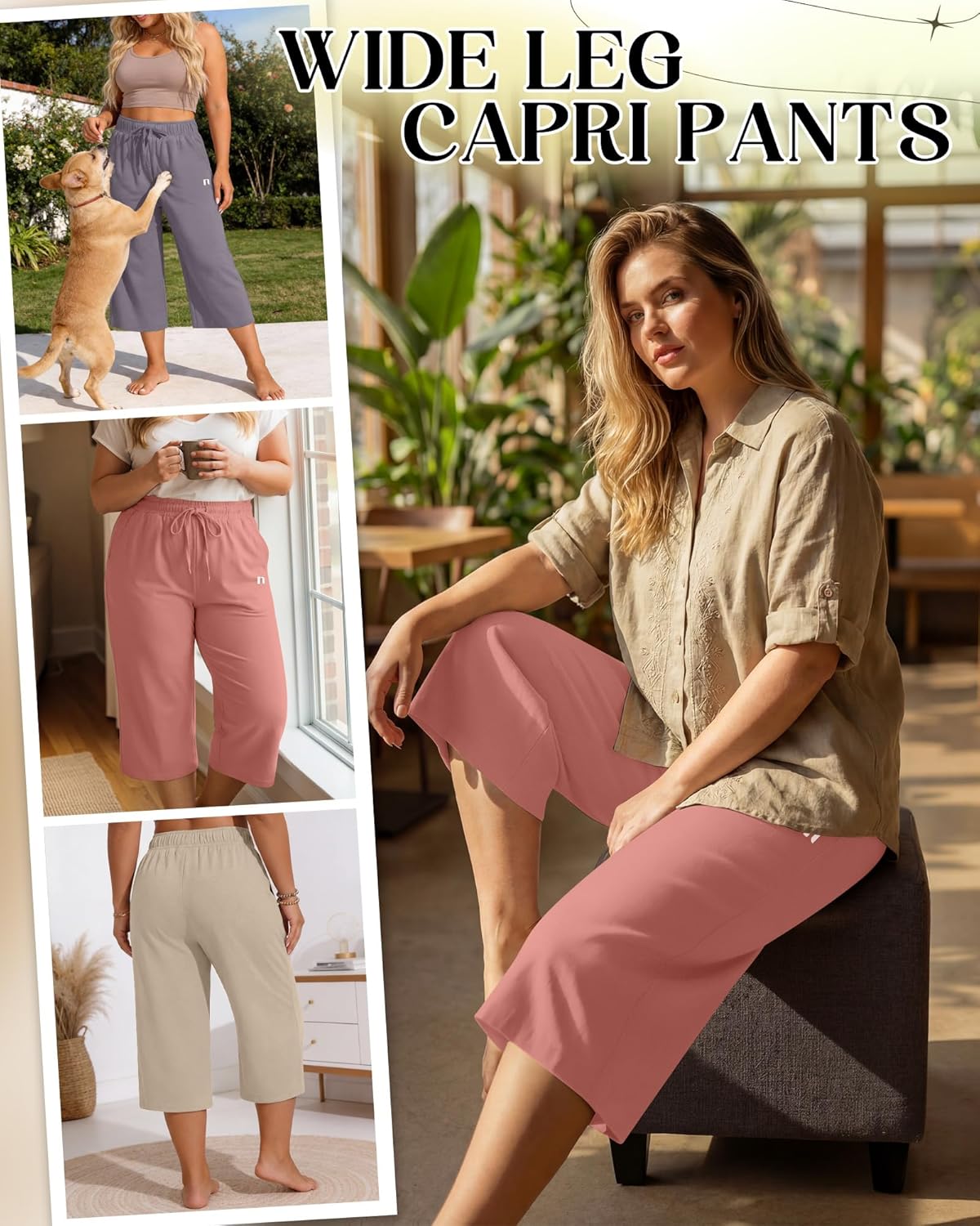 Neer 3 Pack Women's Plus Size Capris,Wide Leg Loose Pants Casual Drawstring Capri Sweatpants Drawstring Pants with Pockets - Image 3