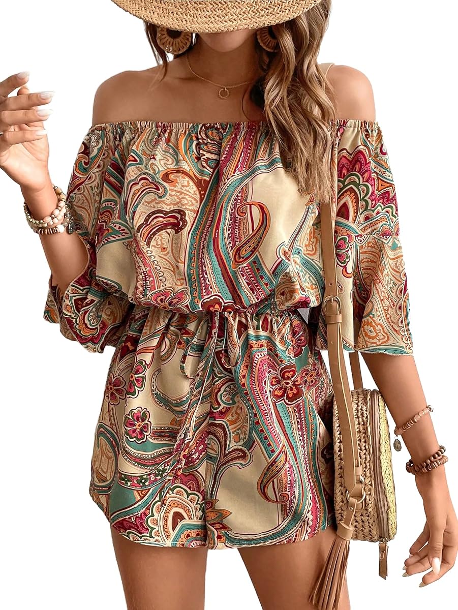 Women's Off The Shoulder Romper Boho Shorts Dressy Summer Outfits