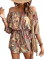 Milumia Women's Off Shoulder Boho Romper Jumpsuit Elastic Waist Shorts Casual Vacation Outfit