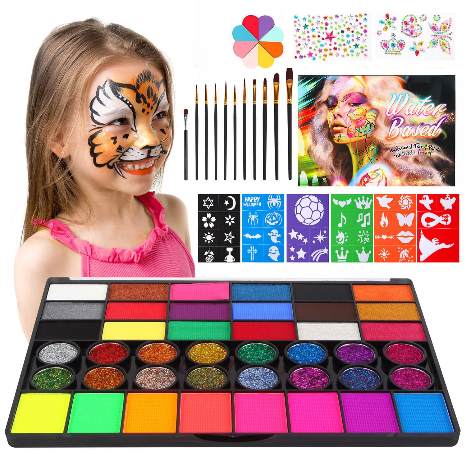 Non-Toxic Easy Face Painting Kits for Kids, Complete Painting Kit of 42 Vibrant Colors with Brushes Sponges Stencils Glitter Gems, Water-activated Make up Set for Halloween Birthday Party