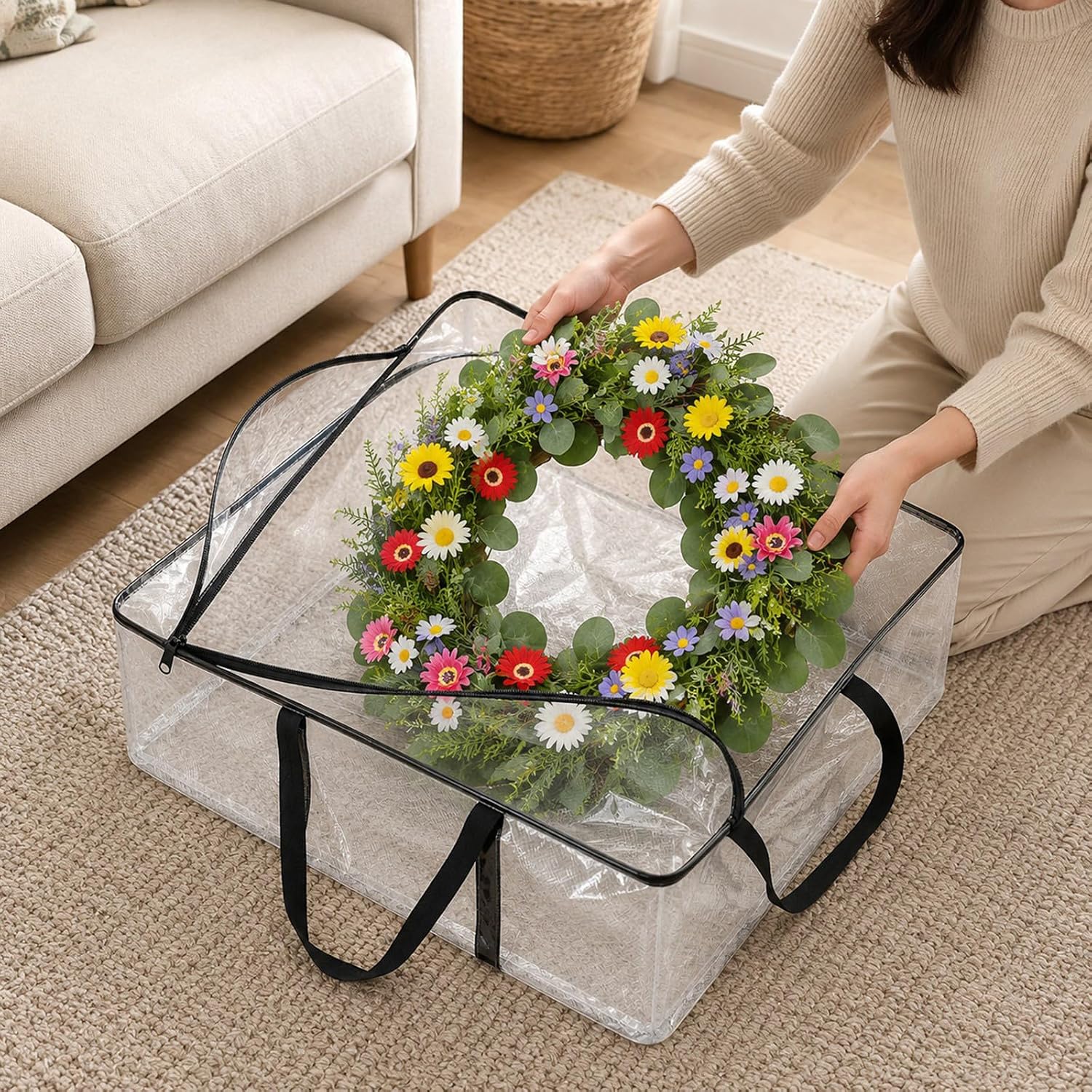 Off-Season Decor Storage Bag Wreath Organizer PP Closet Cabinet Tidying Holder Household Indoor Display Care Purchase Unit Wreath Organizer Seasonal Decor Storage Holiday Bag Home Closet Off