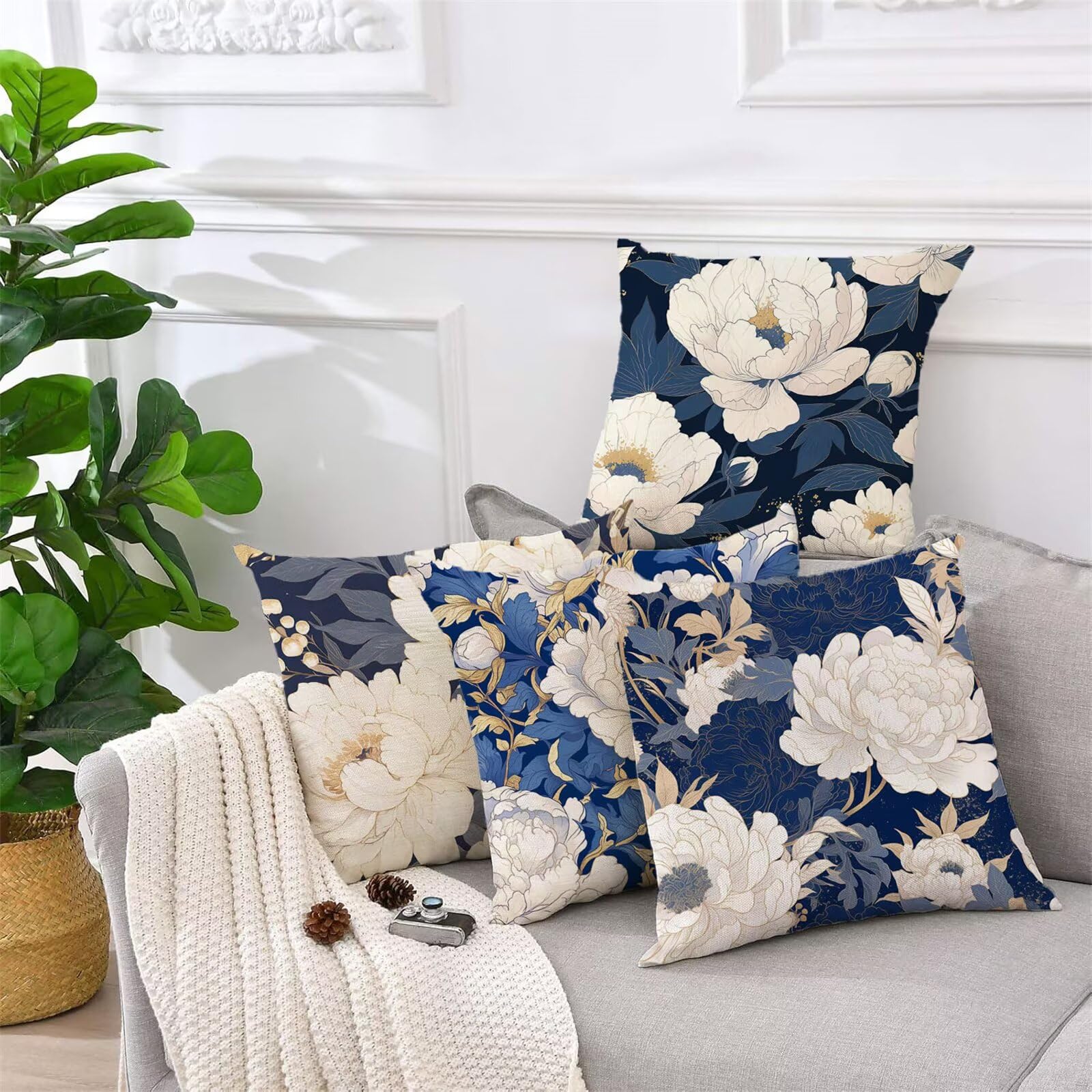 Kissenbezug 60x60 cm 4 Stück Marine Outdoor Kissen Wetterfest Samt Kissenhüllen mit Unsichtbarer Reißverschluss Blume Dekokissen für Terrassen Balkon Deko Gartenkissen Outdoor Sommer Geschenk z-963