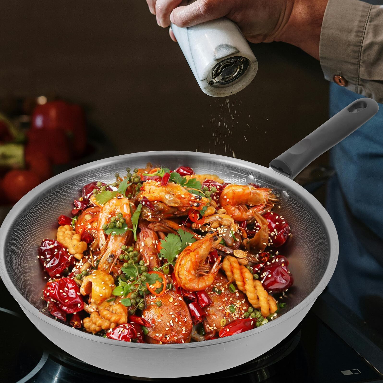 Ipetboom Padella in Acciaio Inox 32 Cm a Nido D’ape Antiaderente Manico Ergonomico, Leggera e Resistente, Adatta a Piani Cottura a Induzione, Gas Ed Elettrici Per Cucina Domestica Quotidiana