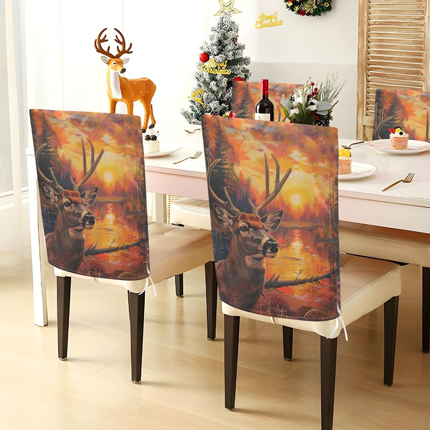 ALAZA Deer at Sunset Chair Back Cover Set of 6, Washable Reusable Removable Chair Slipcovers Decorative Chair Cover for Home Kitchen Wedding Party