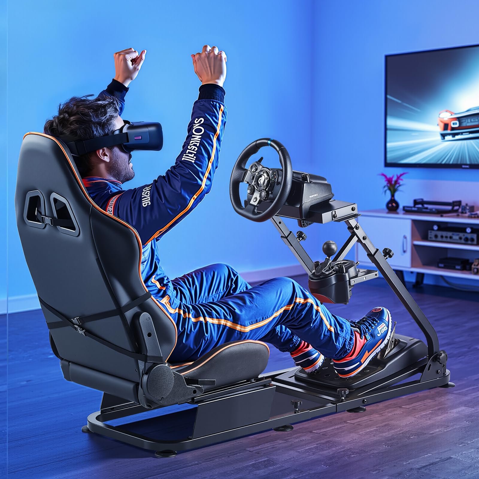 VEVOR Support de Volant de Course Cockpit de Simulateur de Conduite, Double Bras, Compatible Pédales Logitech G25, G27, G29, G920, G923, Thrustmaster T300RS, TX F458, T500RS, T3PA-PRO (F1/GT), CSR