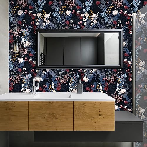 Miniatura 4 de VEELIKE Papel tapiz floral de flores silvestres oscuras para despegar y pegar, papel tapiz floral negro de 17.7 x 354 pulgadas, papel de contacto