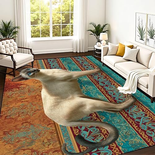 Vibrant Siamese Cat Art Retro 70s Border Bold Colors Area Rug Outdoor Patio Rug Play Mat Modern Floor Carpet Non-Slip Home Decor Living Room Kids