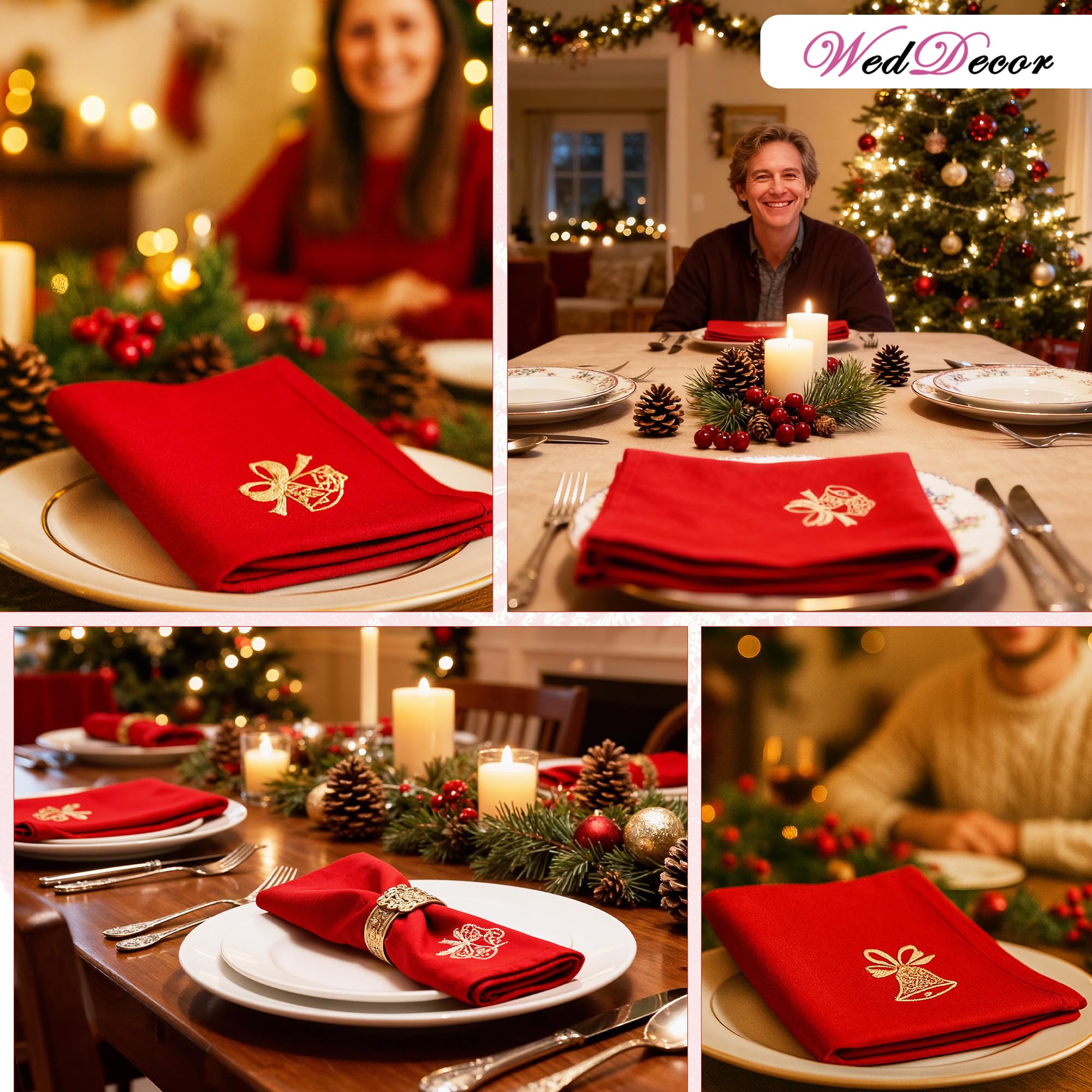 WedDecor 20 inch Filé Polyester Table Serviette avec Grelot Broderie pour Thème Noël Dîner Décorations pour Maison, Mariage,Banquet, Fête, Hôtel, Fête de Noël Décoration - Rouge, 20 inch