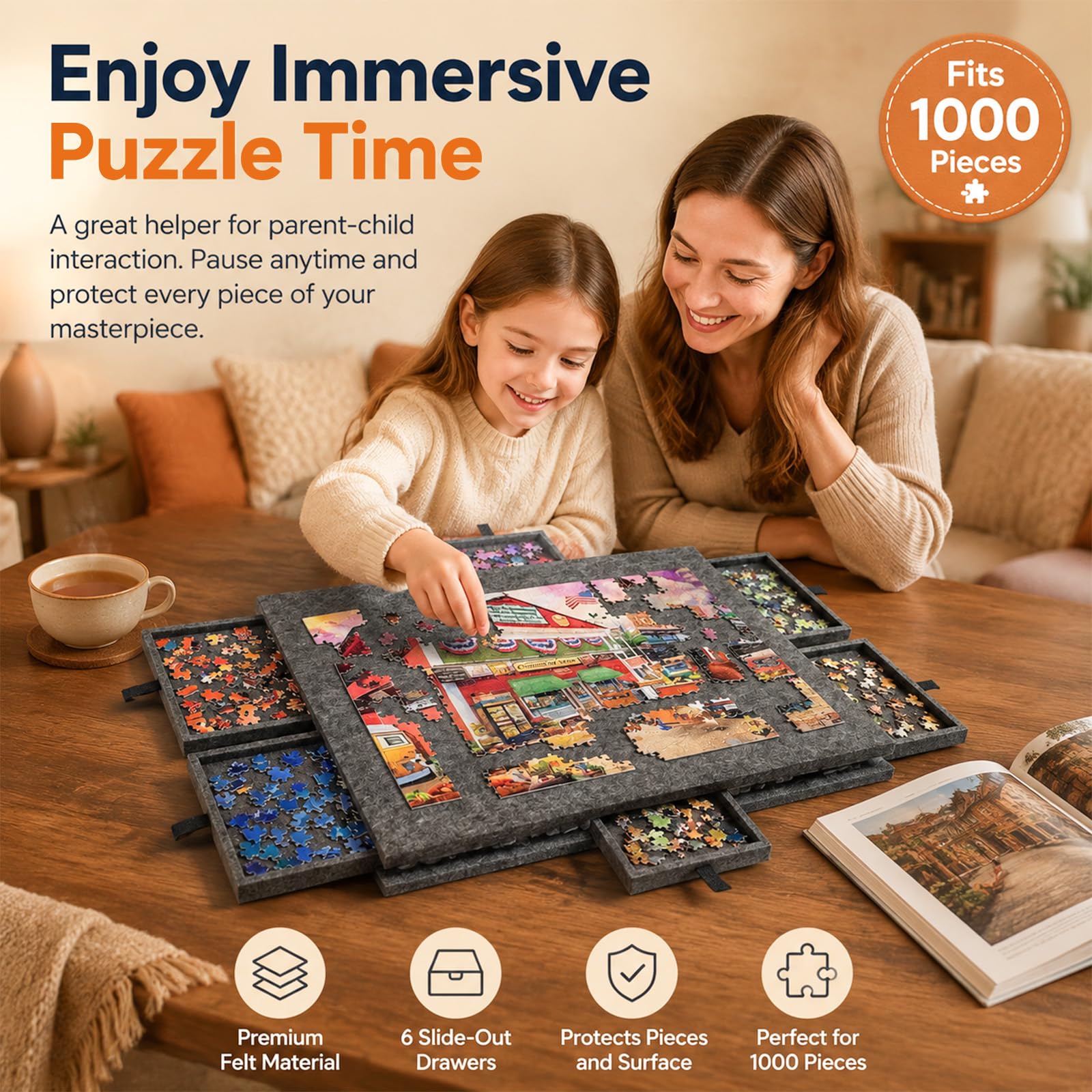 Stół do puzzli z 6 szufladami, 1000 elementów, stół puzzli 2 w 1 ze stojakiem i pokrywą (czarny)