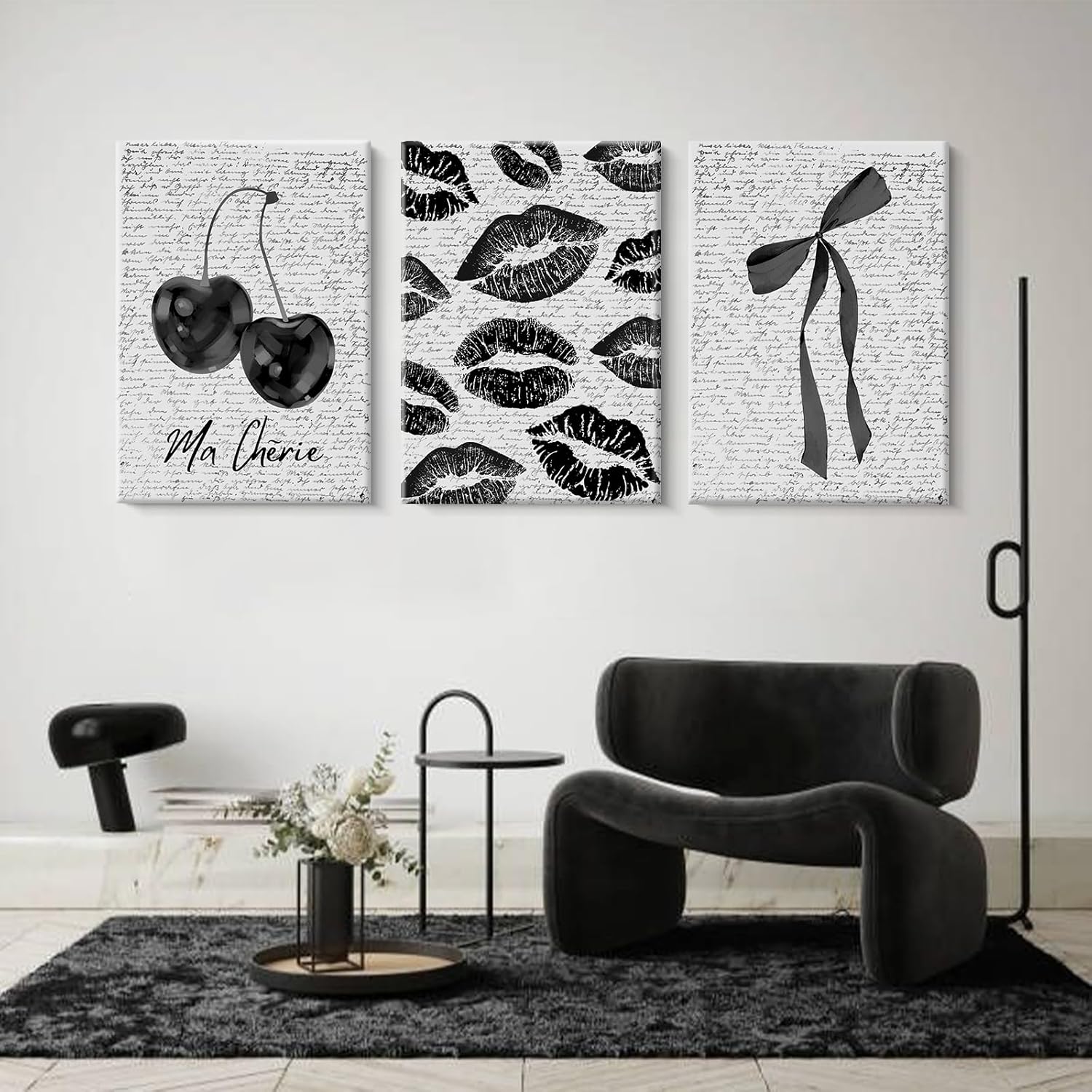 Black White Aesthetic Wall Art Coquette Bow Fashion Canvas Wall Decor Preppy Cherry Posters Vintage Girl Room Decor Bow Pictures Trendy Lips Kiss Prints for Girly Bedroom 12x16 Inch Ready to Hang 3pcs