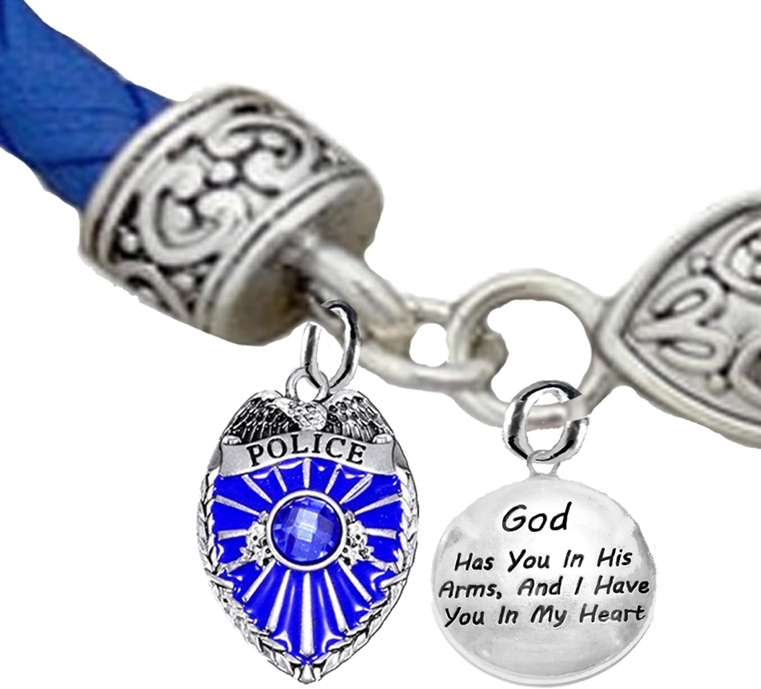 Cardinali Jewelry Policeman, God Has You In His Arms, And I Have You In My Heart, Blue Leather Bracelet, Hypoallergenic, Safe-No Nickel, Lead,or Cadmimum