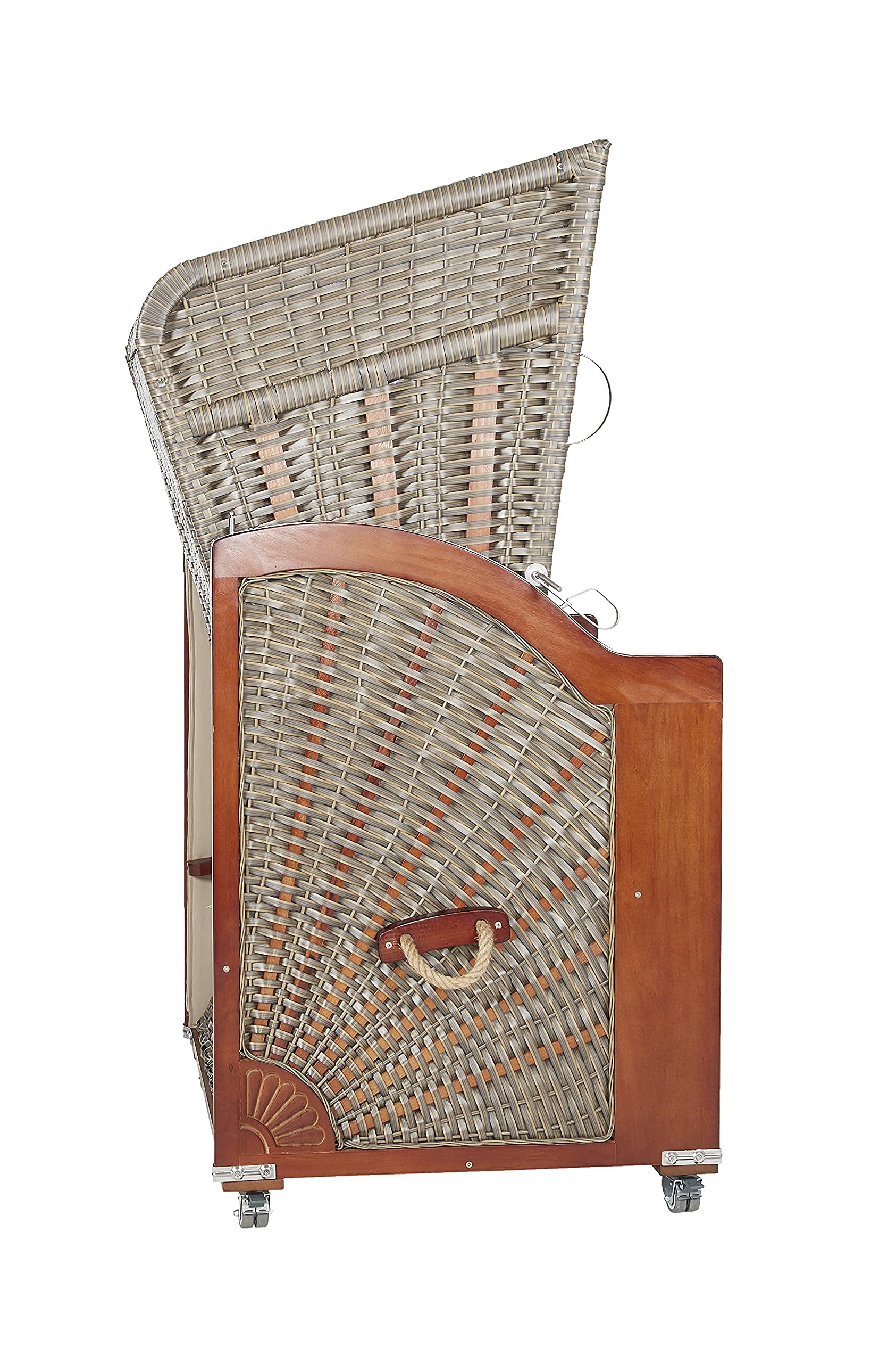 intergrill Strandschönheiten AVA Deluxe Strandkorb Ostsee Single Vollholzfront Korb außen beige Pinienholz innen grau gestreift Balkone Terrassen Garten Lounge