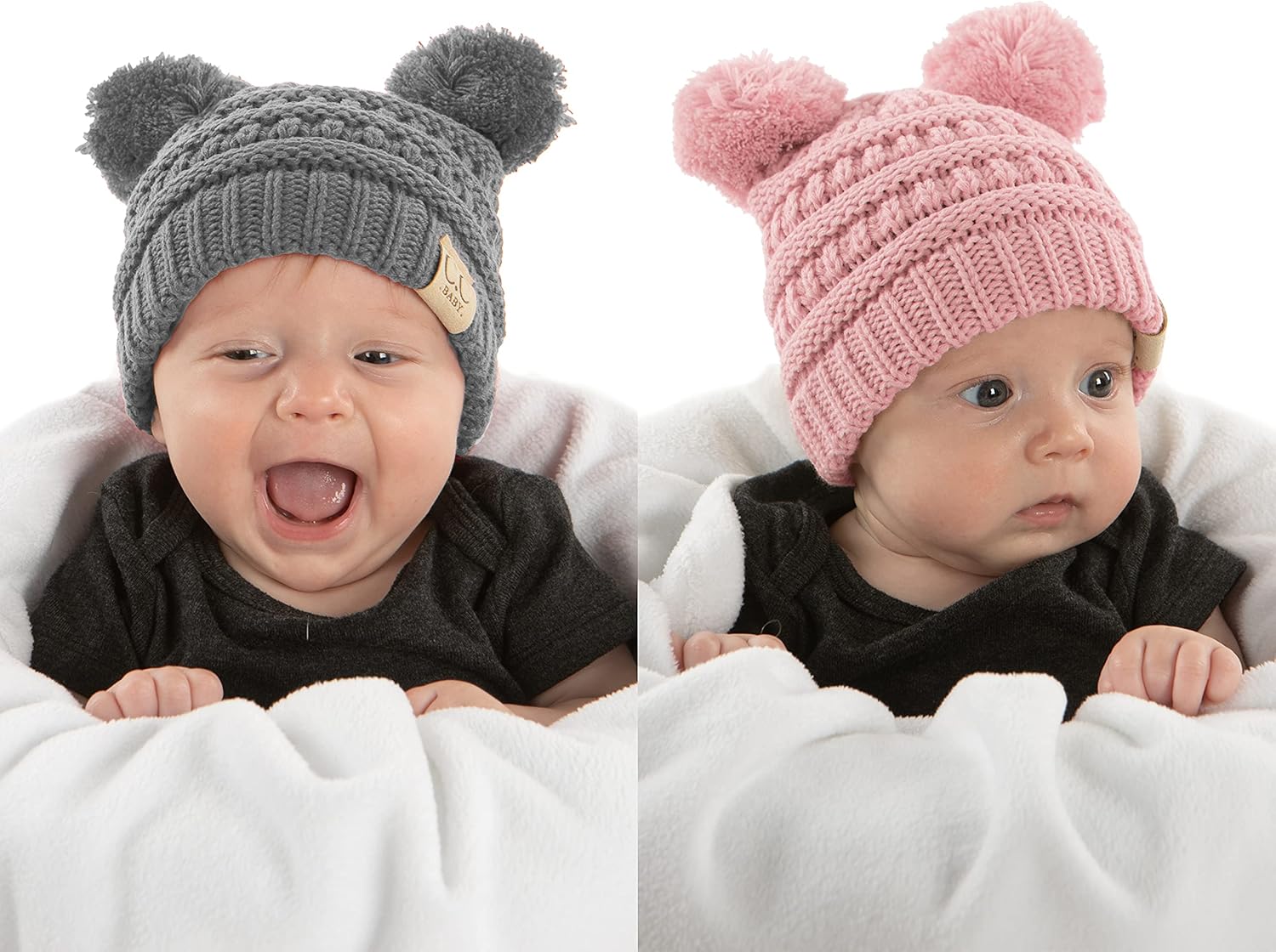 Funky Junque Double Pom Pom Baby Beanie – Newborn Girl Winter Hat 0–12 Months, Cute Cozy Knit Infant Beanies for Cold Weather