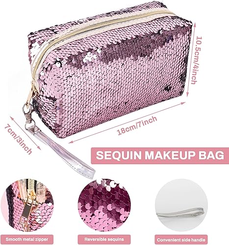 Miniatura 2 de Bolsas de cosméticos de viaje con lentejuelas mágicas reversibles, con purpurina, organizador de maquillaje, bolso para mujer, Rosado
