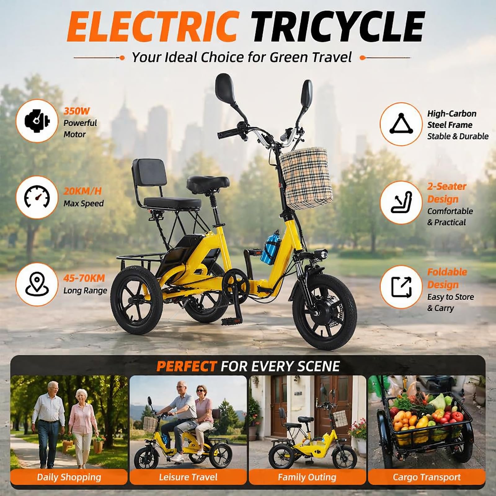 Triciclo Elettrico Pieghevole 14 Pollici Adulti Anziani 2 Posti 3 Ruote Bicicletta con LED Anteriore Posteriore Cestino Display LCD Uomo Donna Trasporto Cargo Urbano Quotidiano Green