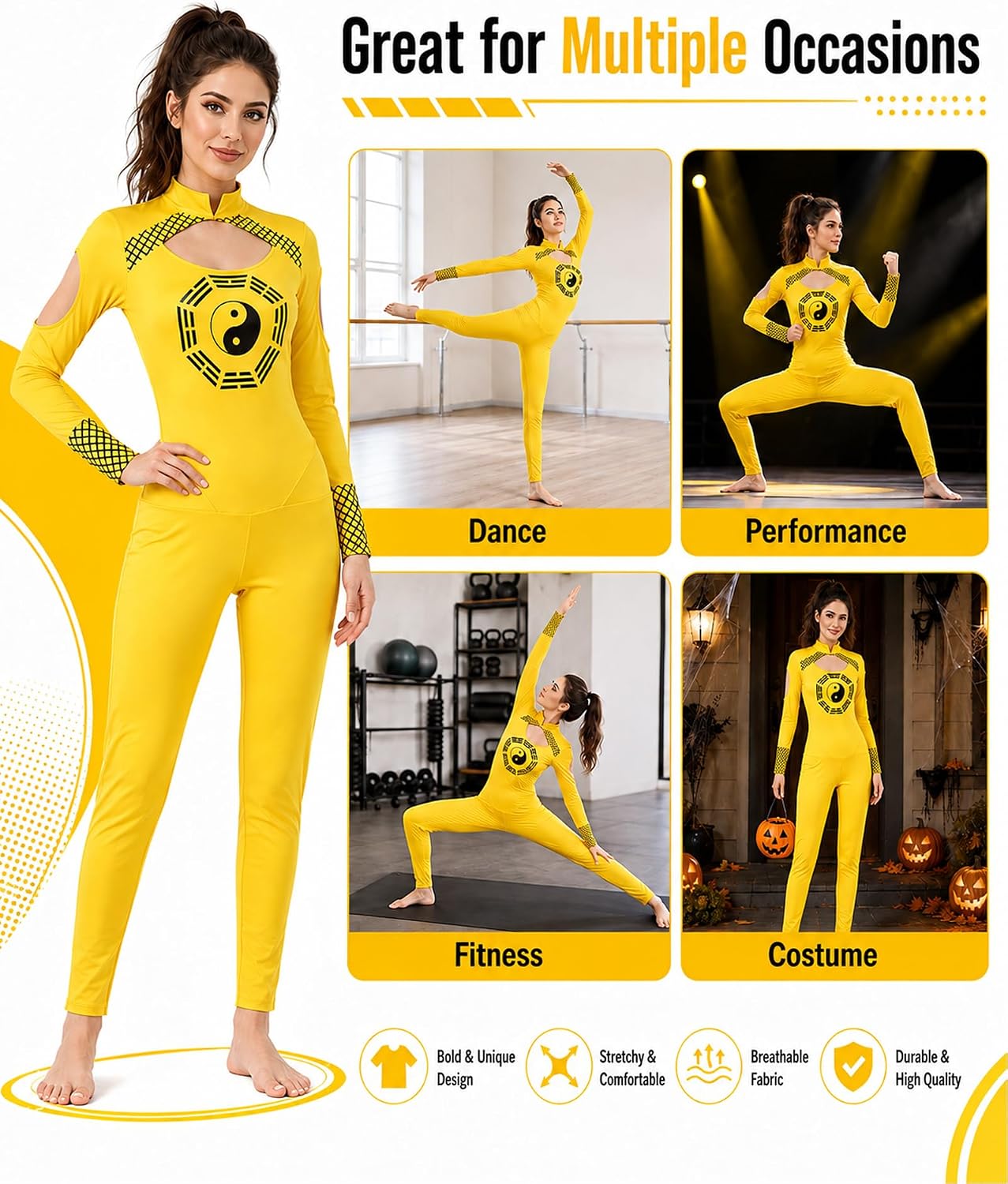 Women Yellow Bodysuit Costume Bagua Print Party Outfit