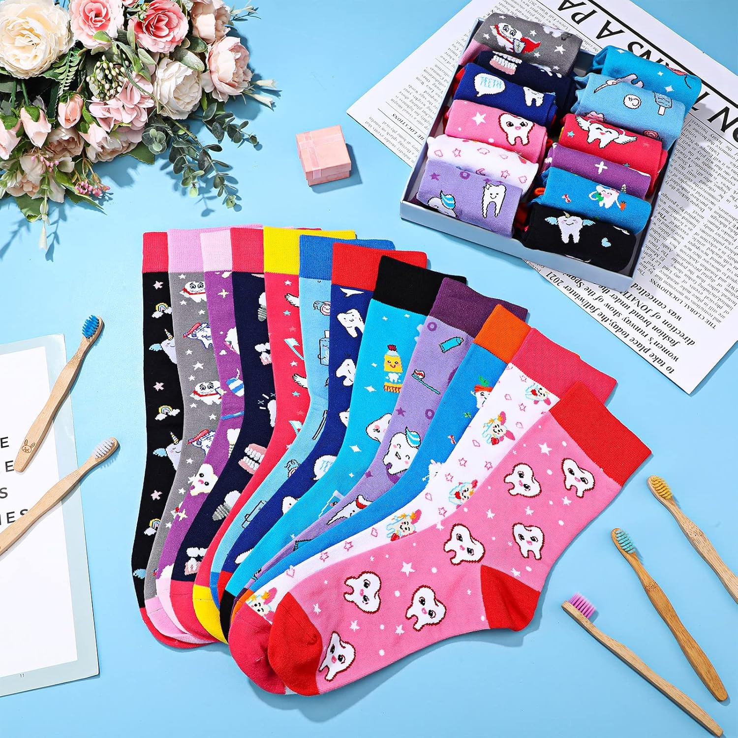 Wesiti 12 Pairs Funny Dental Teeth Socks Novelty Crew Socks for Men Women Dental Assistant Nurse Winter Christmas Stocking Stuffers Gifts Teeth Pattern Crew Dentist Gifts - Image 5