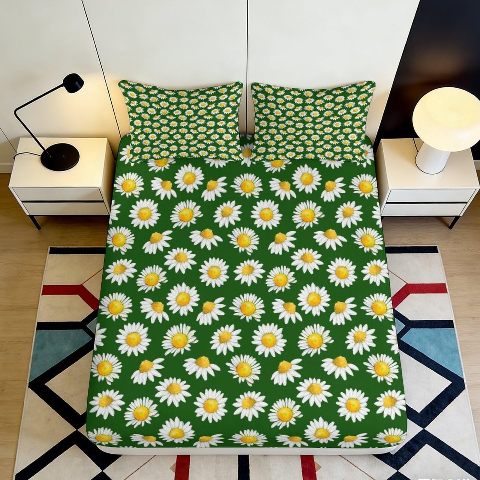 3D Printed Daisy Flower Green Fitted Sheet Microfiber Non-Slip Mattress Cover for Bedroom Guest Room Easy Care 180x200x25cm