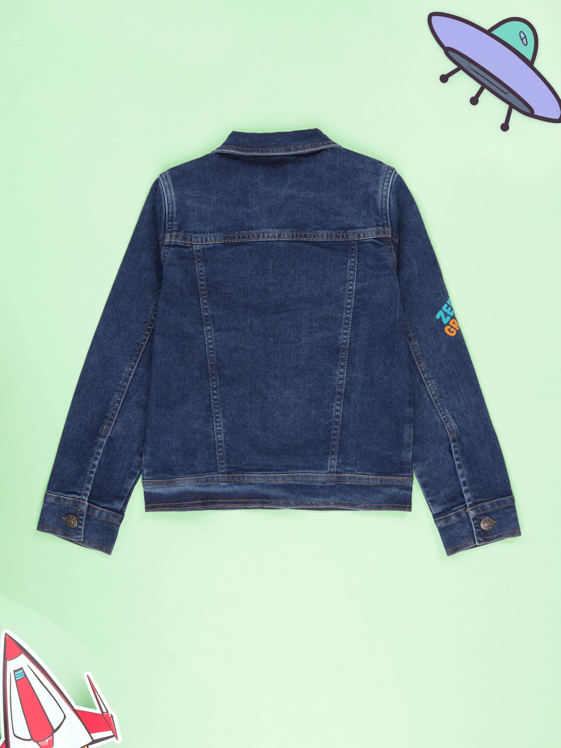 KiddoPanti Boys Full Sleeve Denim Jacket With Space Themed Badges, Dk Wash Blue With Alien - 12-14Y - Image 4 thumbnail