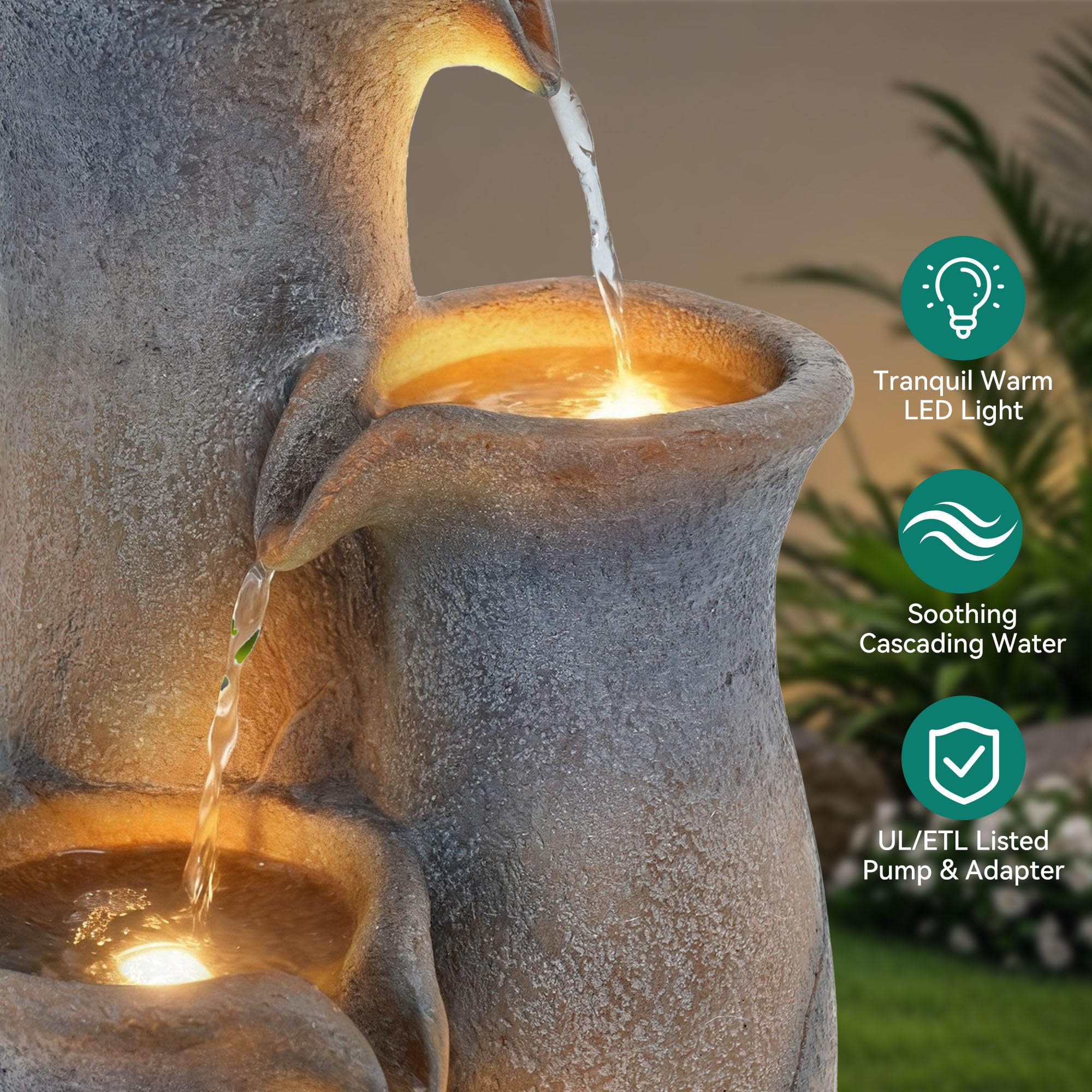 Fontana per acqua esterna di 83 cm di altezza, con illuminazione, 5 livelli, finitura rustica in pietra strappata, cascata in resina con oasis