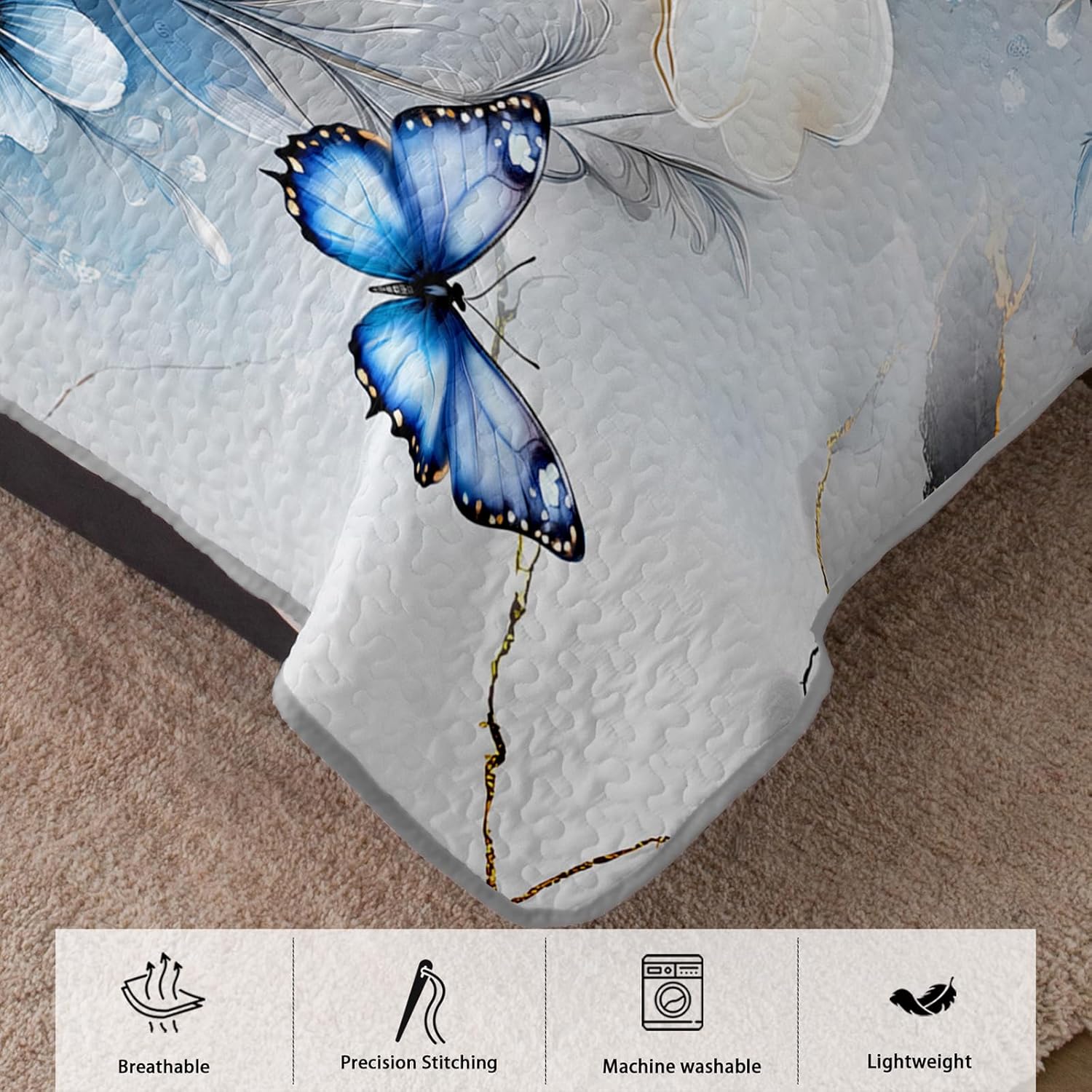 AILONEN Blue and White Flower Butterfly Quilt Bedding Set King Size - Watercolor Marble Bedspread Coverlet + 2 Pillowcases,Soft Lightweight Marbling Bed Cover 3Pcs