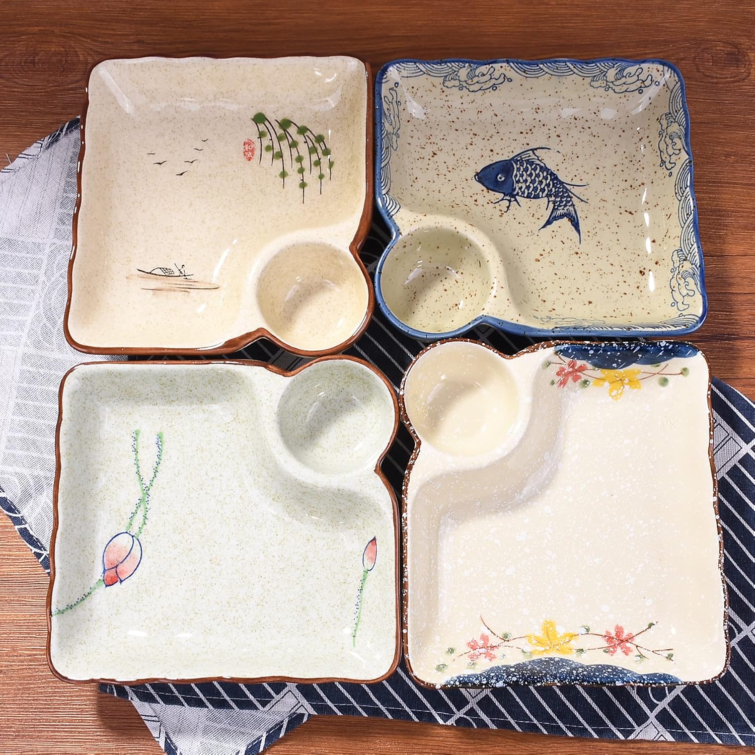 Ceramic Sushi Plates Set of 2 with Built-in Sauce Compartment,Japanese Dumpling Trays – 7.5" Divided Rectangular Serving Platters for Sashimi, Appetizers, Hot Pot – Dishwasher Safe