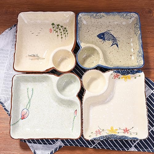 Miniatura 6 de Whitenesser Juego de 2 platos cuadrados de cerámica y sushi de estilo japonés con compartimentos para salsa, elegantes platos hechos a mano para