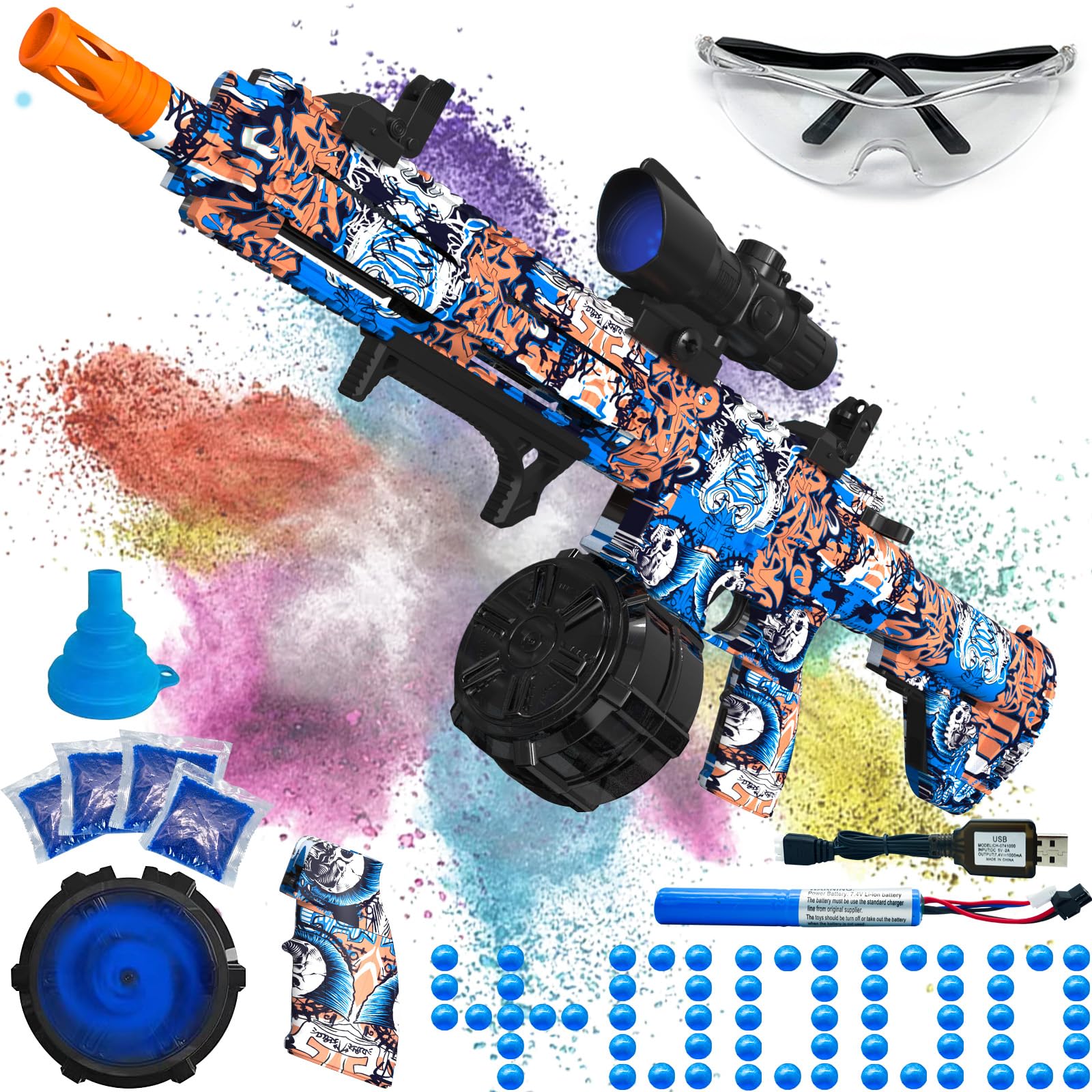 Electric Gel Ball Blaster, High Speed Automatic Splatter Ball Blaster with 40000+ and Goggles, Rechargeable Splatter Ball Toys for Outdoor Activities Shooting Game Party Favor-Blue Pink