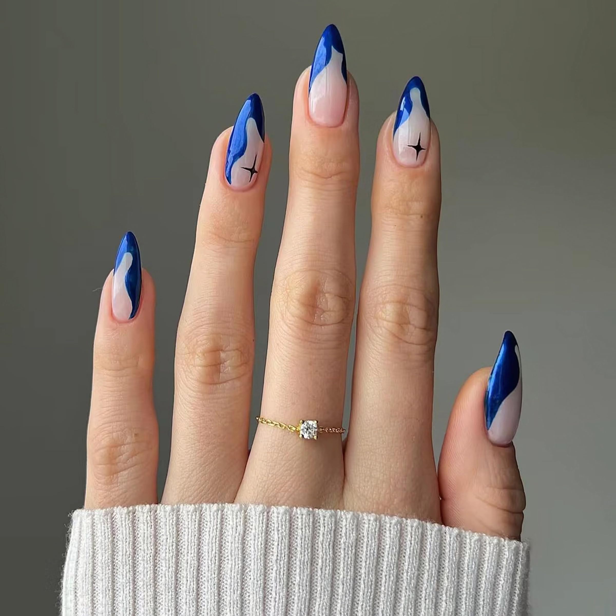 MERVF Almond Press on Nails Medium Fake Nails Royal Blue French Tip Glue ons with Stars Design Stiletto Acrylic Nail 24pcs Glossy : Beauty & Personal Care