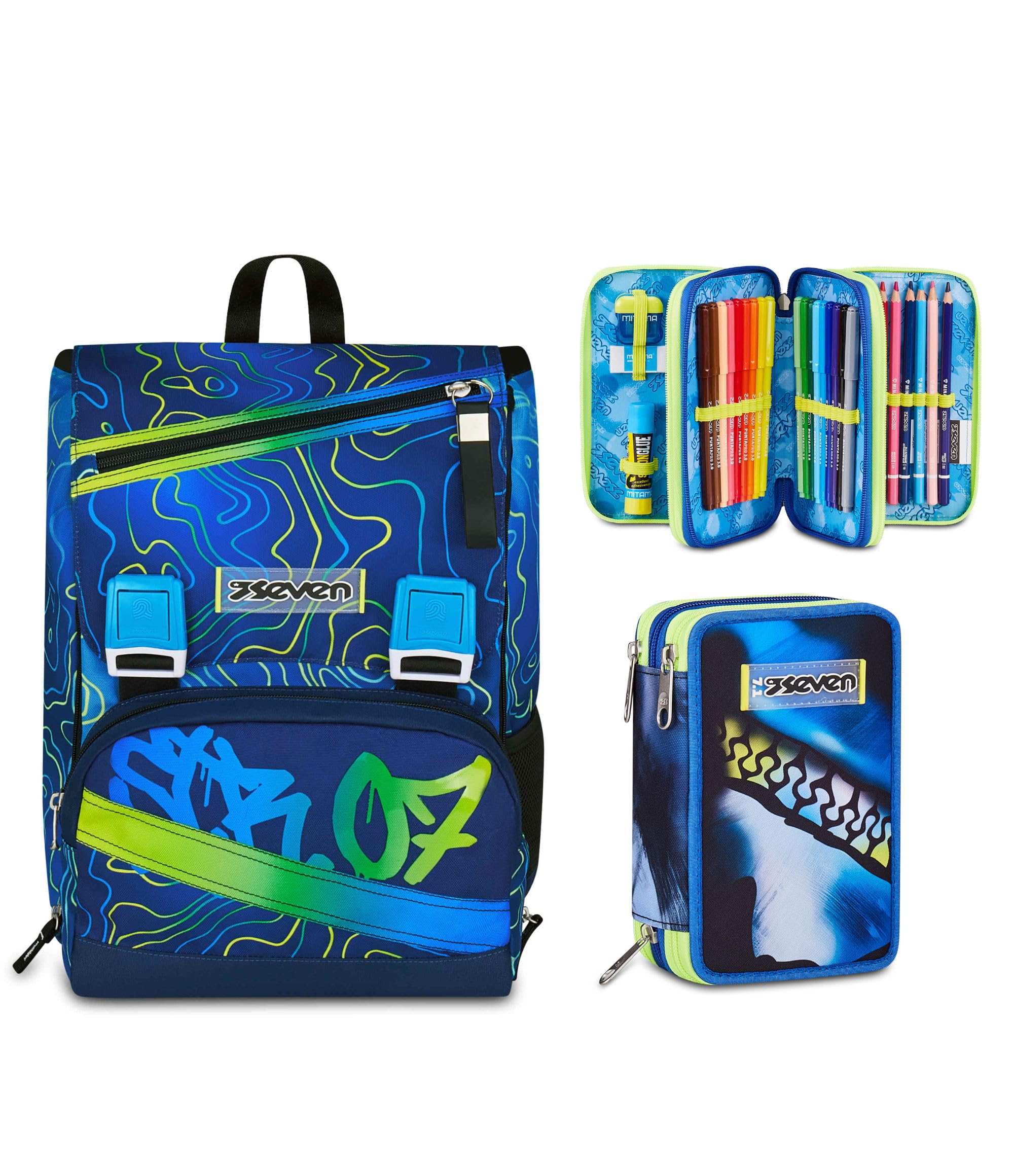 Seven Zaino Doppio Scomparto Estensibile Seven, Blu, Schienale Preformato, Bambino Scuola +Astuccio 3 zip, Blu, 45 pezzi, Completo di matite penne, matite e colori, Scuola elementare