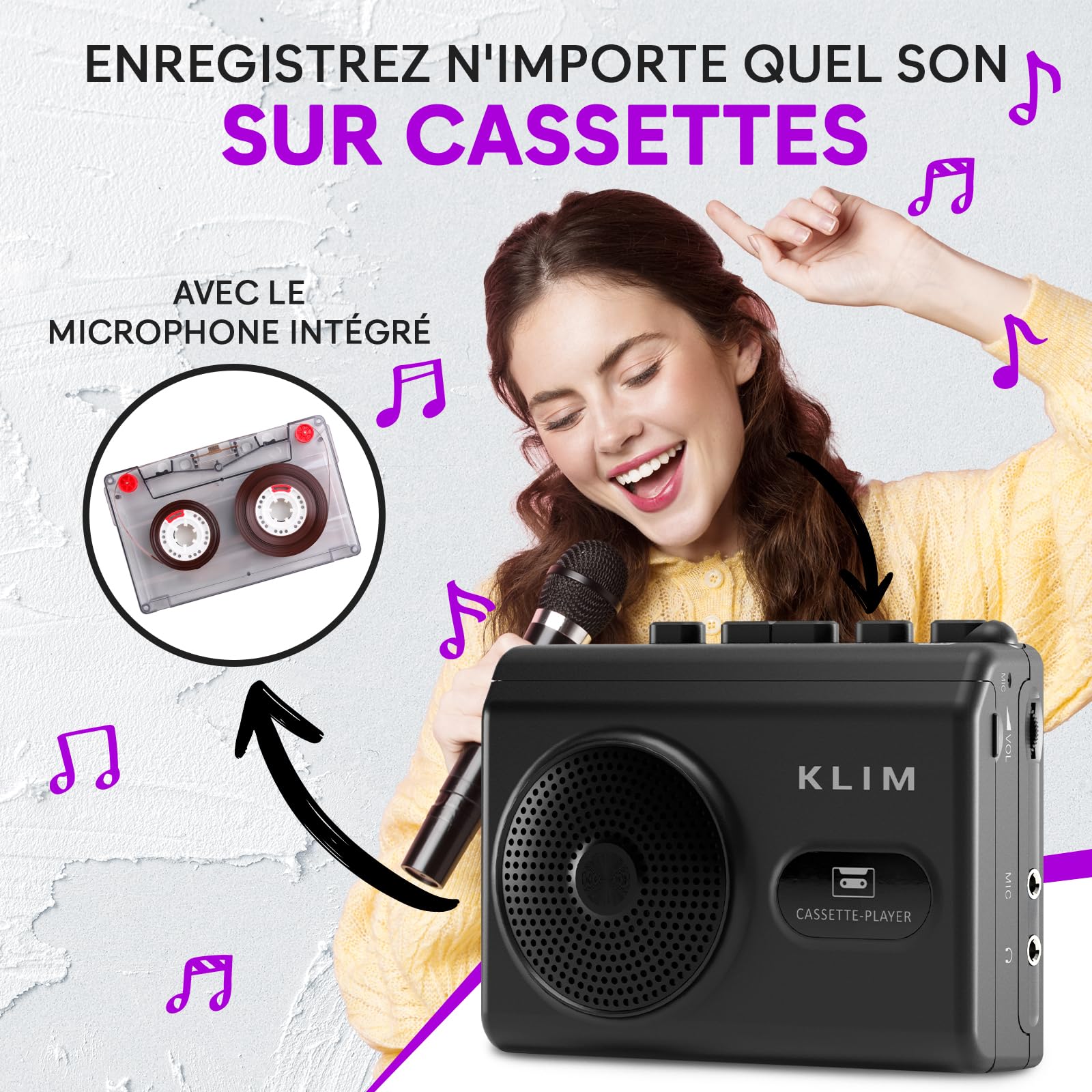 Lecteur Cassette Audio Enregistreur KLIM K9 – Baladeur Cassette Portable avec Haut-Parleur, Microphone, Prise Casque, Alimentation Piles AA/AC, 2 Piles et Écouteurs Inclus
