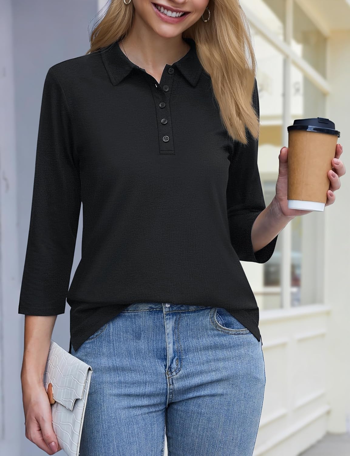 YUCOLEN Polo Shirts for Women 3/4 Sleeve Tops Golf Tees 5-Button Collared Cotton Shirt Business Casual - Image 3