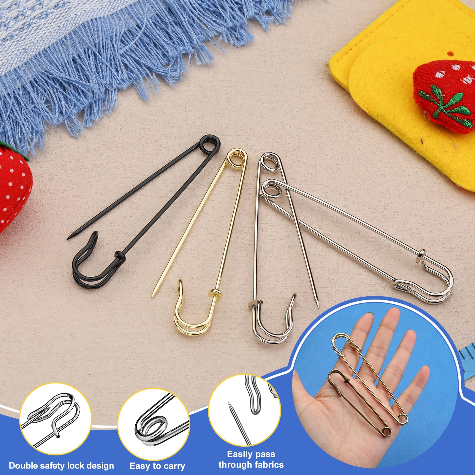 Safety Pins, 15 Pack Large Safety Pin 4 Inch, Heavy Duty Safety Pins for Clothes, Diapers, Blankets, Laundry, Leather Canvas, DIY Crafts (Silvery) — view 3