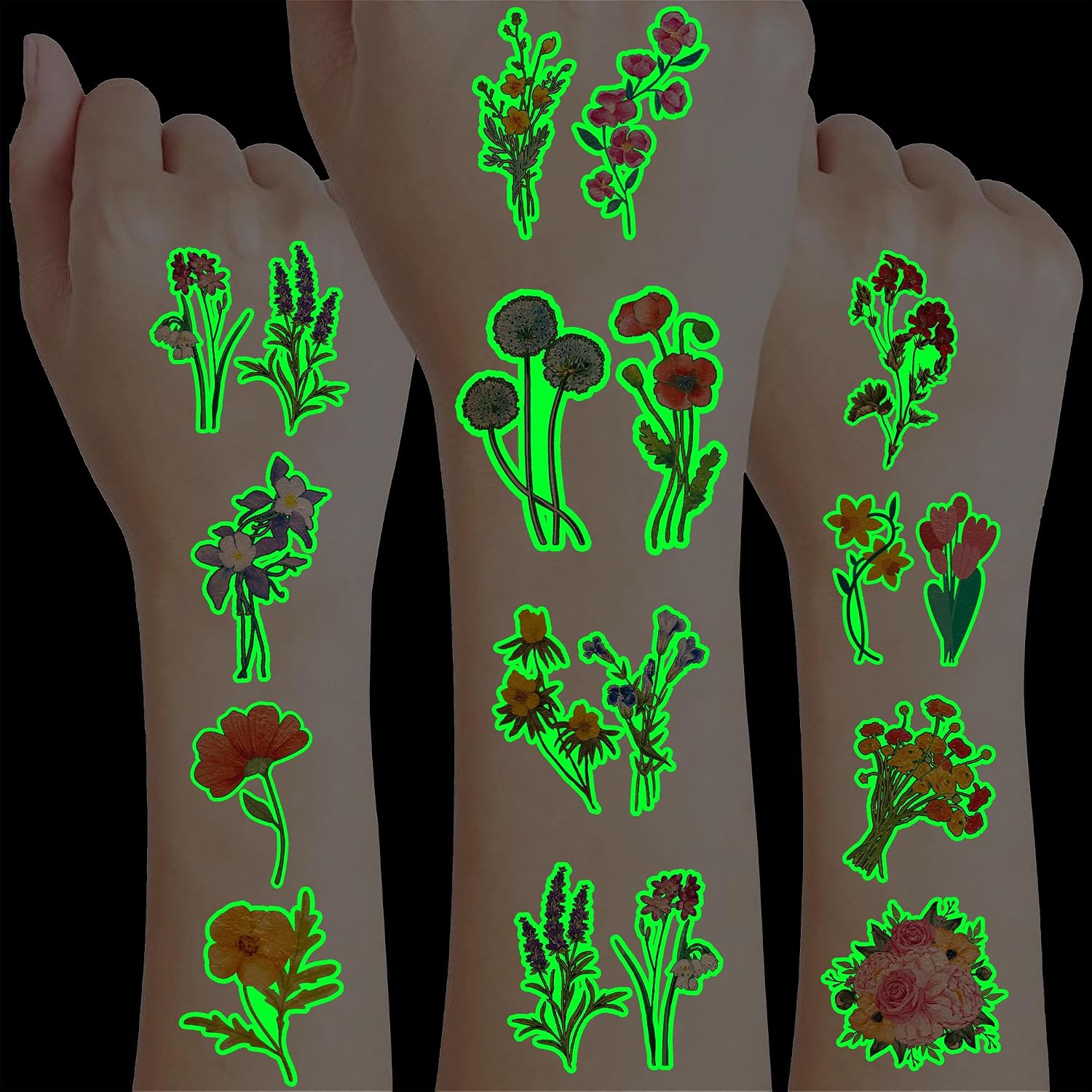 Luminous Pre-Cut Temporary Tattoos - Floral Designs for Parties