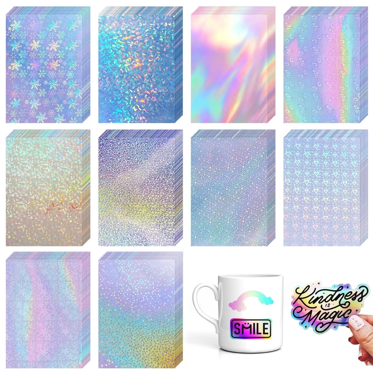 Amazon.com: 100 sheets holographic sticker paper 8.3x11.7 inch clear vinyl  self adhesive waterproof rainbow vinyl sticker paper, waterproof  transparent holographic laminate film (10 styles) : arts, crafts u0026 sewing