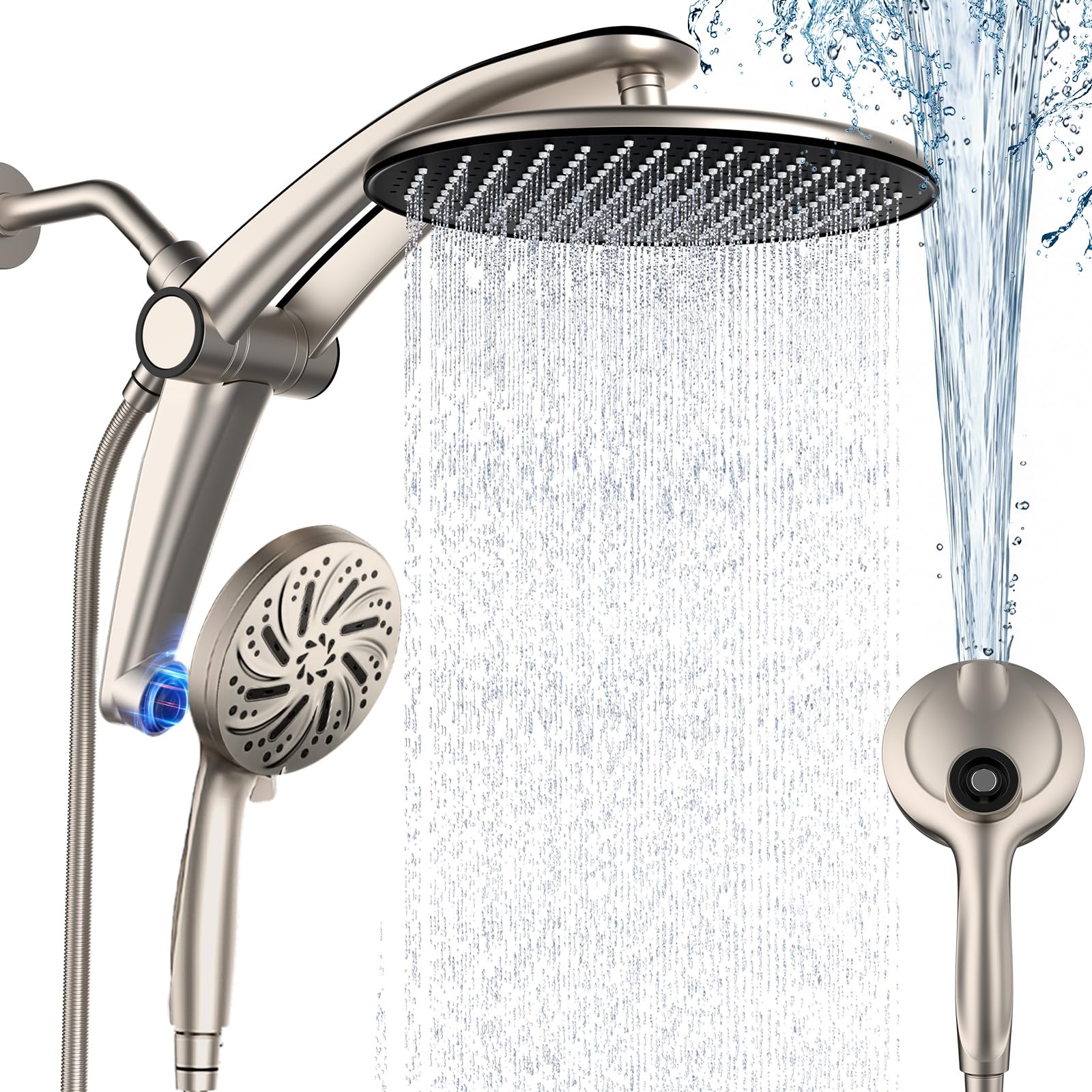 Photo 1 of Rain Shower Head with Handheld,Dual Shower Head with Hose,Detachable 10" High Pressure Shower Head Combo with 9 Settings Shower Spray Built-in Magnetic Docking & Power Wash Mode (Nickel)