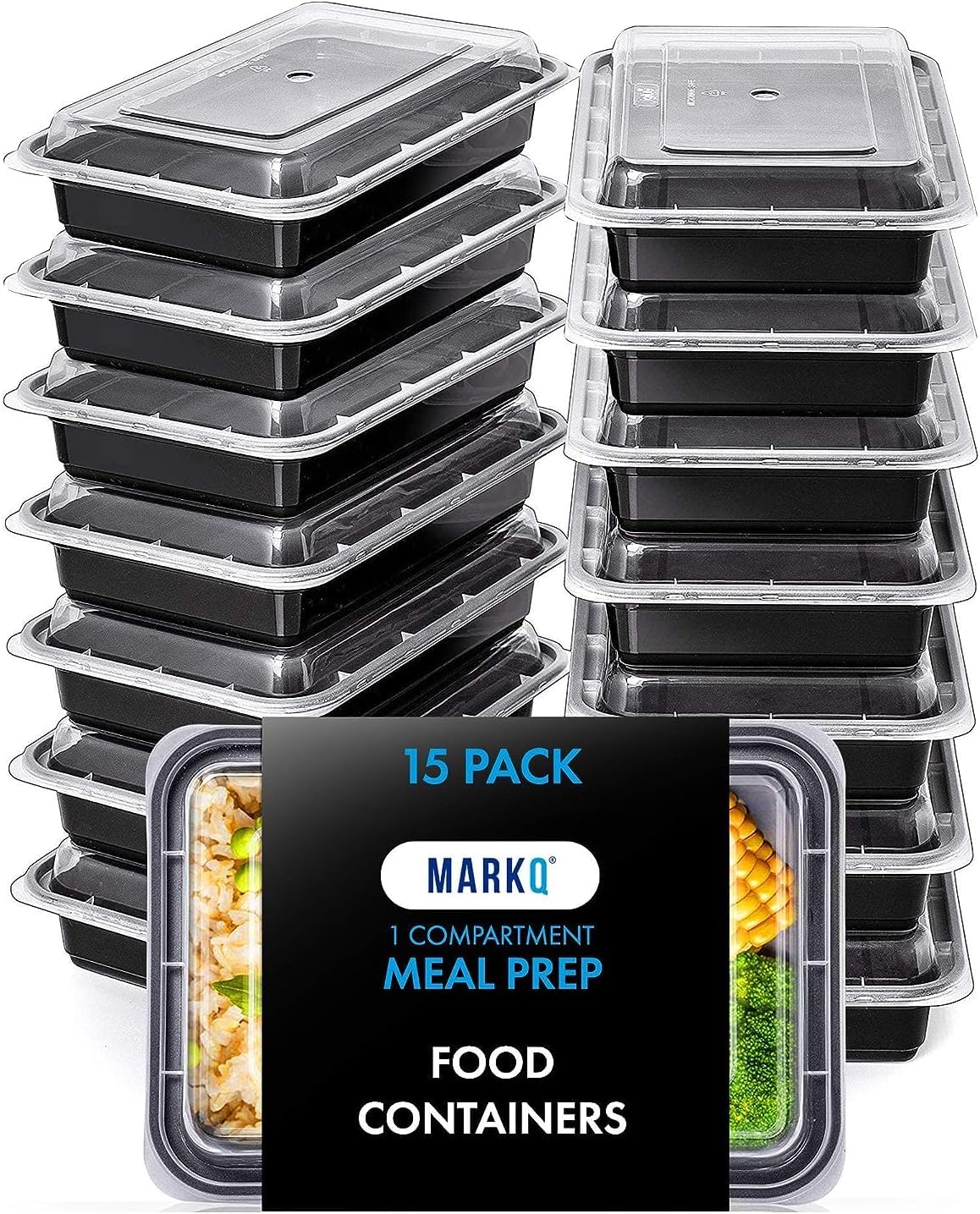 MARKQ [15 Pack] [32 Oz] Meal Prep Containers with Lids - 1-Compartment Plastic Food Storage Containers - Reusable Lunch Boxes for Adults & Meal Planning