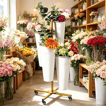 Flower Display Stand With Buckets,Flower Holder With Wheels, Moving Bouquet Shelf Rack For Patio Garden Balcony Flower Shop, Outdoor Flower Pop-Up Events (Gold Shelf 4 White Bucket)