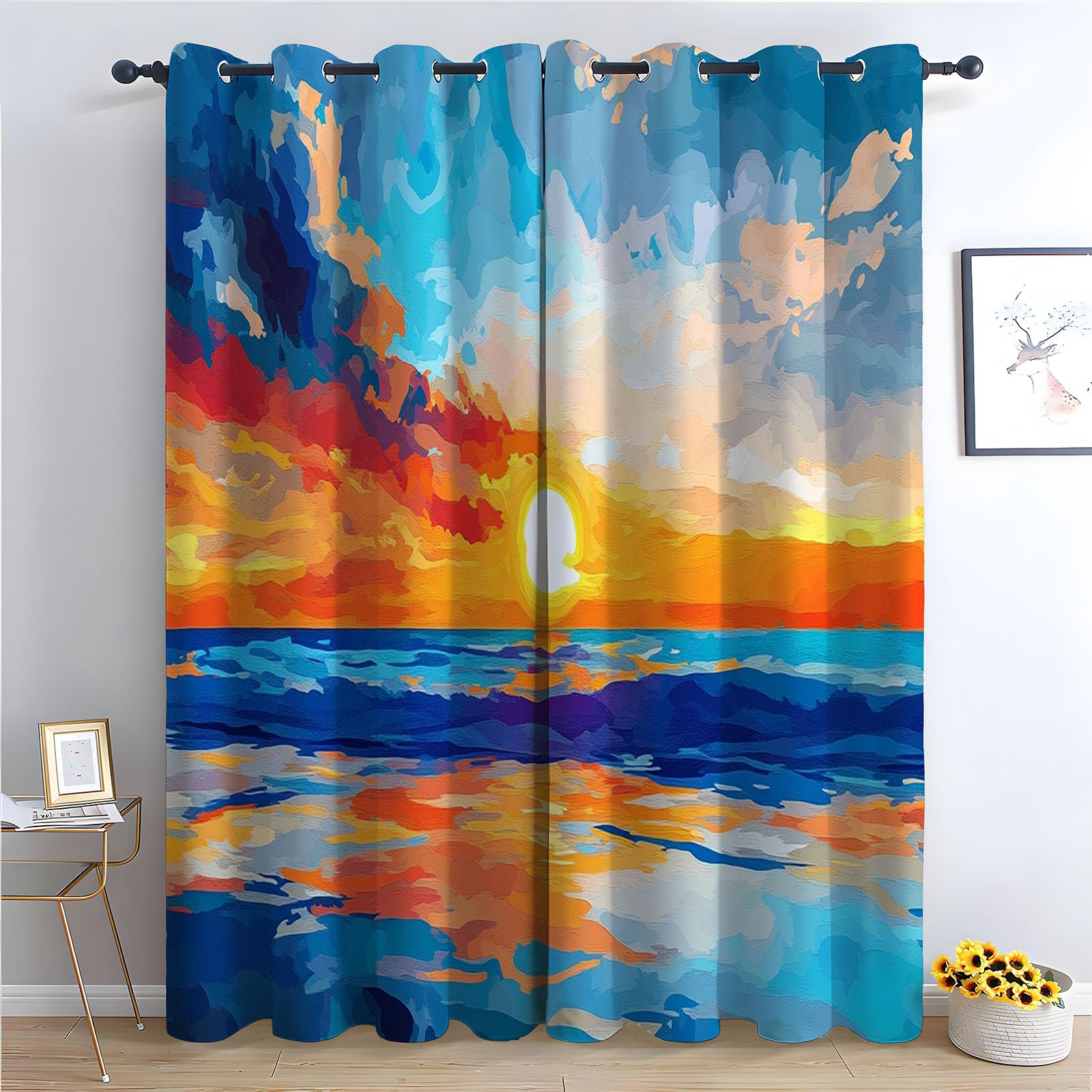 WIKEO Floral Curtains Colorful Ocean Scenery Forest Printed Room Darkening Curtain for Bedroom, Privacy Eyelet Thermal Insulated Green Curtain for Girls Room-52 W x 96" L (Pack of 2)