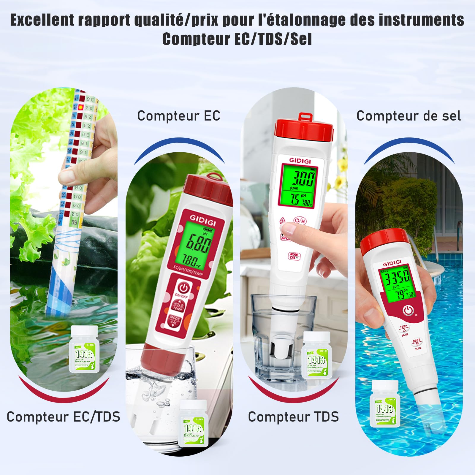 Roztwór kalibracyjny 1413 μS/cm, 4 x 50 ml TDS EC Tester zasolenia Roztwór kalibracyjny do miernika TDS EC, Kalibracja dokładności i precyzji przyrządów do monitorowania chemicznego